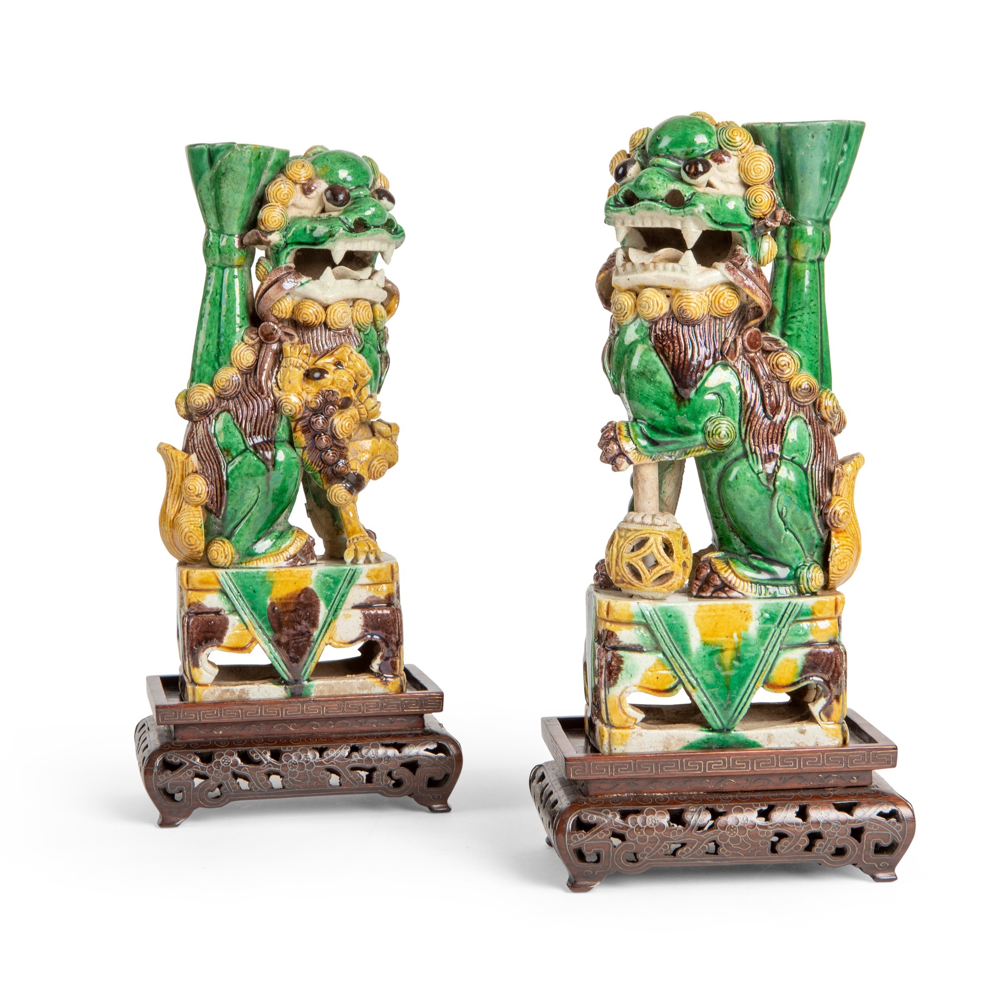 PAIR OF SANCAI-GLAZED JOSS STICK HOLDERS