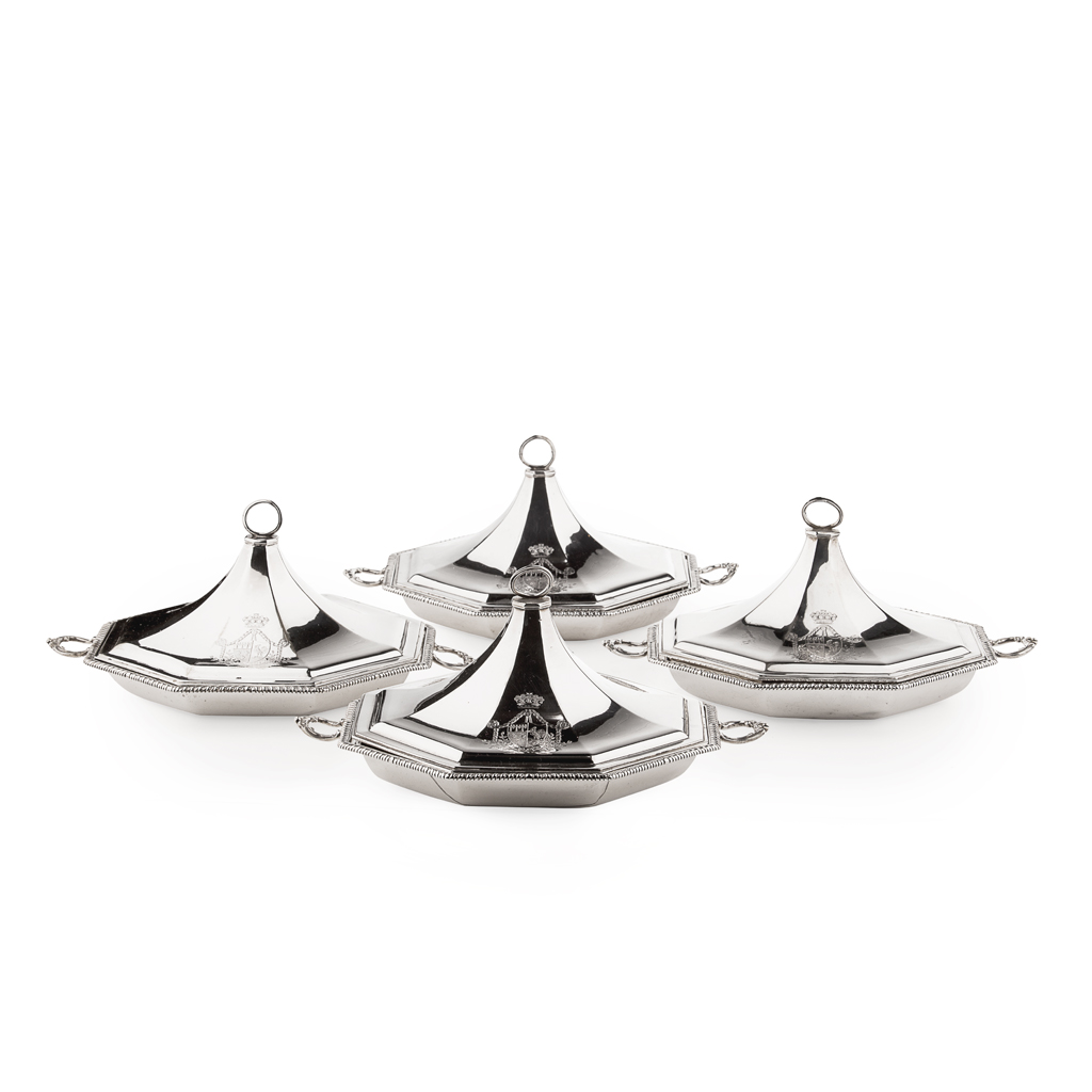 A set of four George III silver octagonal serving dishes and covers