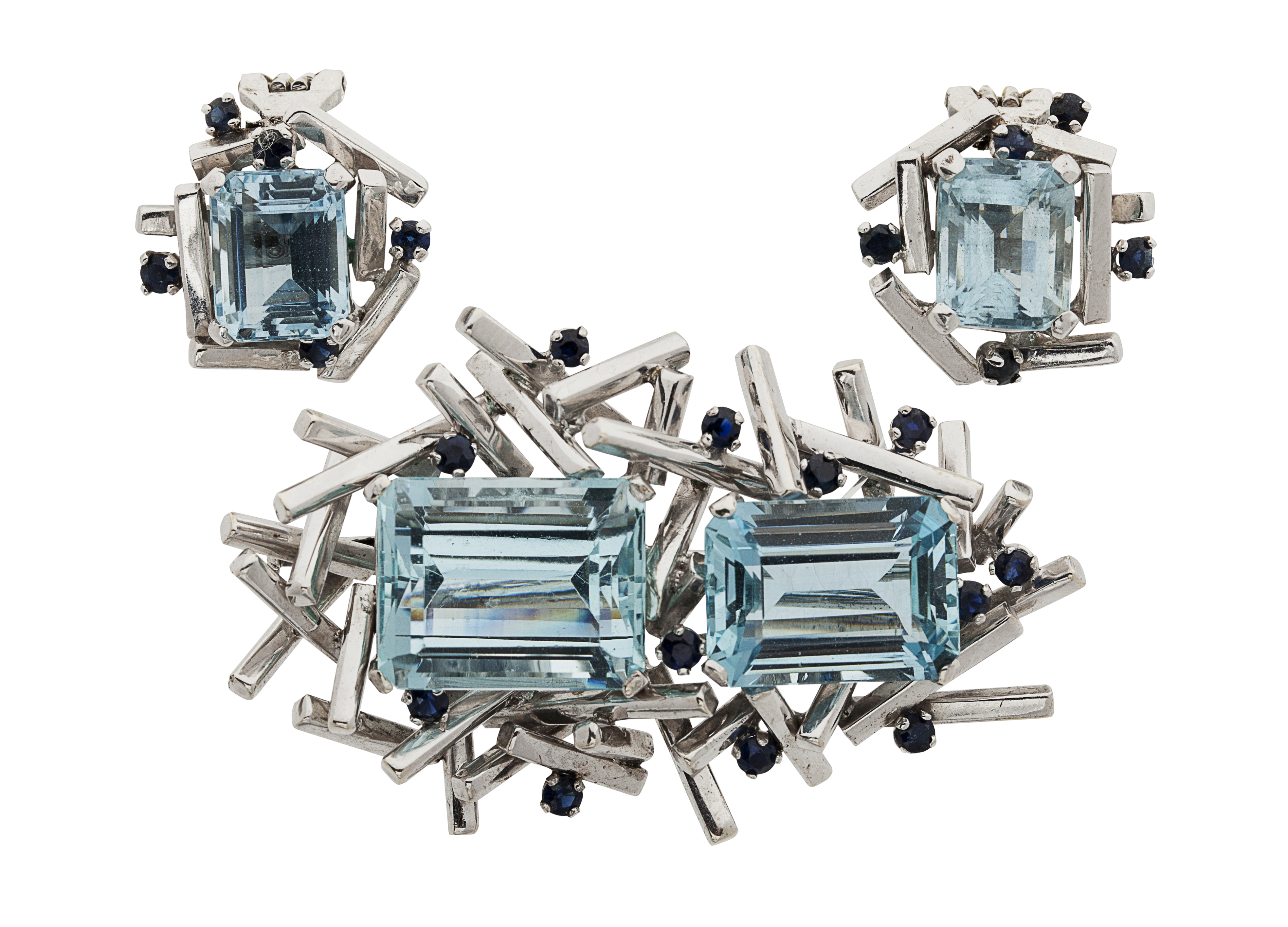 A contemporary aquamarine and sapphire set brooch and earrings