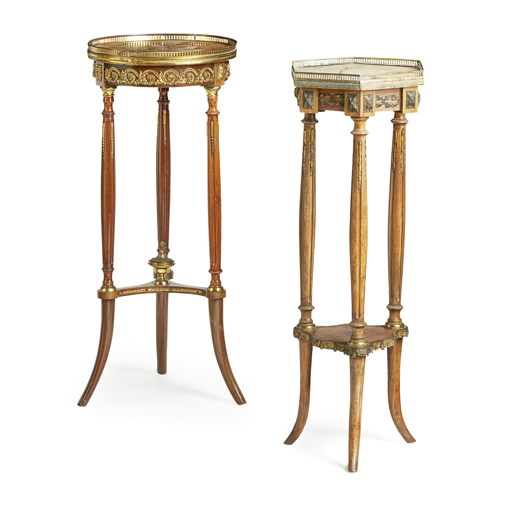 TWO LOUIS XVI STYLE MAHOGANY AND MARBLE TOP JARDINIERE STANDS