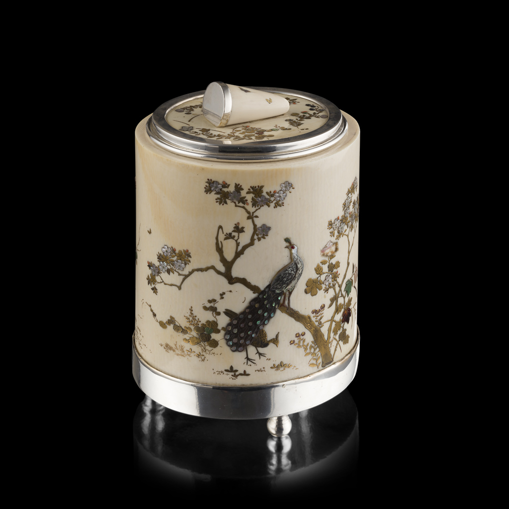 SILVER-MOUNTED AND SHIBAYAMA-INLAID IVORY TUSK VASE AND COVER