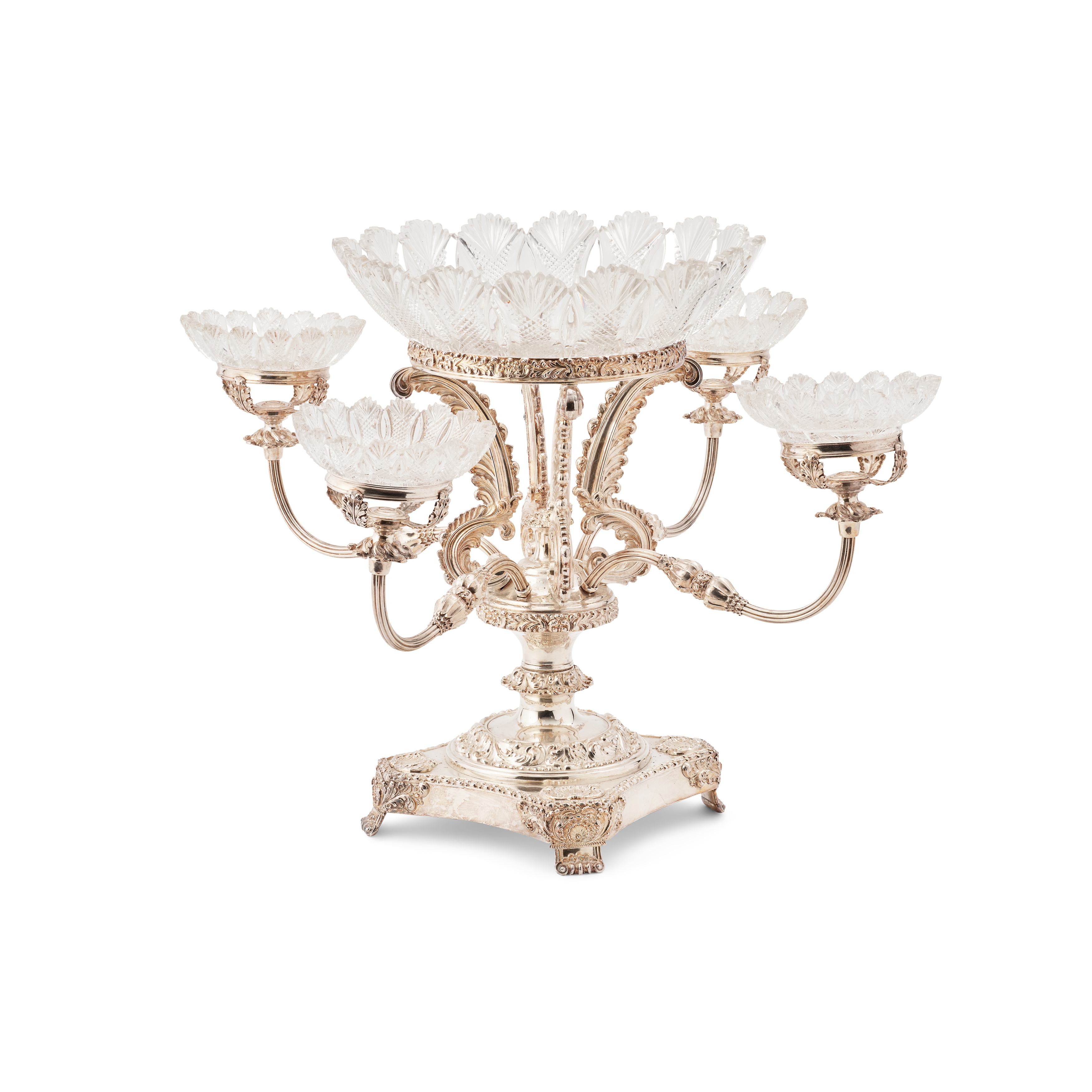 A REGENCY SILVER-PLATED AND CUT-GLASS TABLE CENTREPIECE EPERGNE