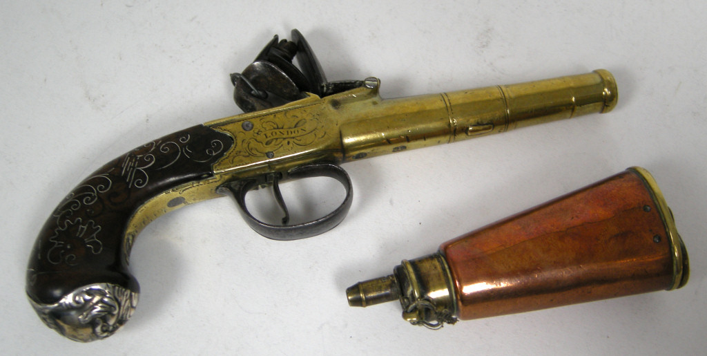 ENGLISH SILVER MOUNTED FLINTLOCK BOXLOCK TURN OFF CANNON BARREL POCKET PISTOL