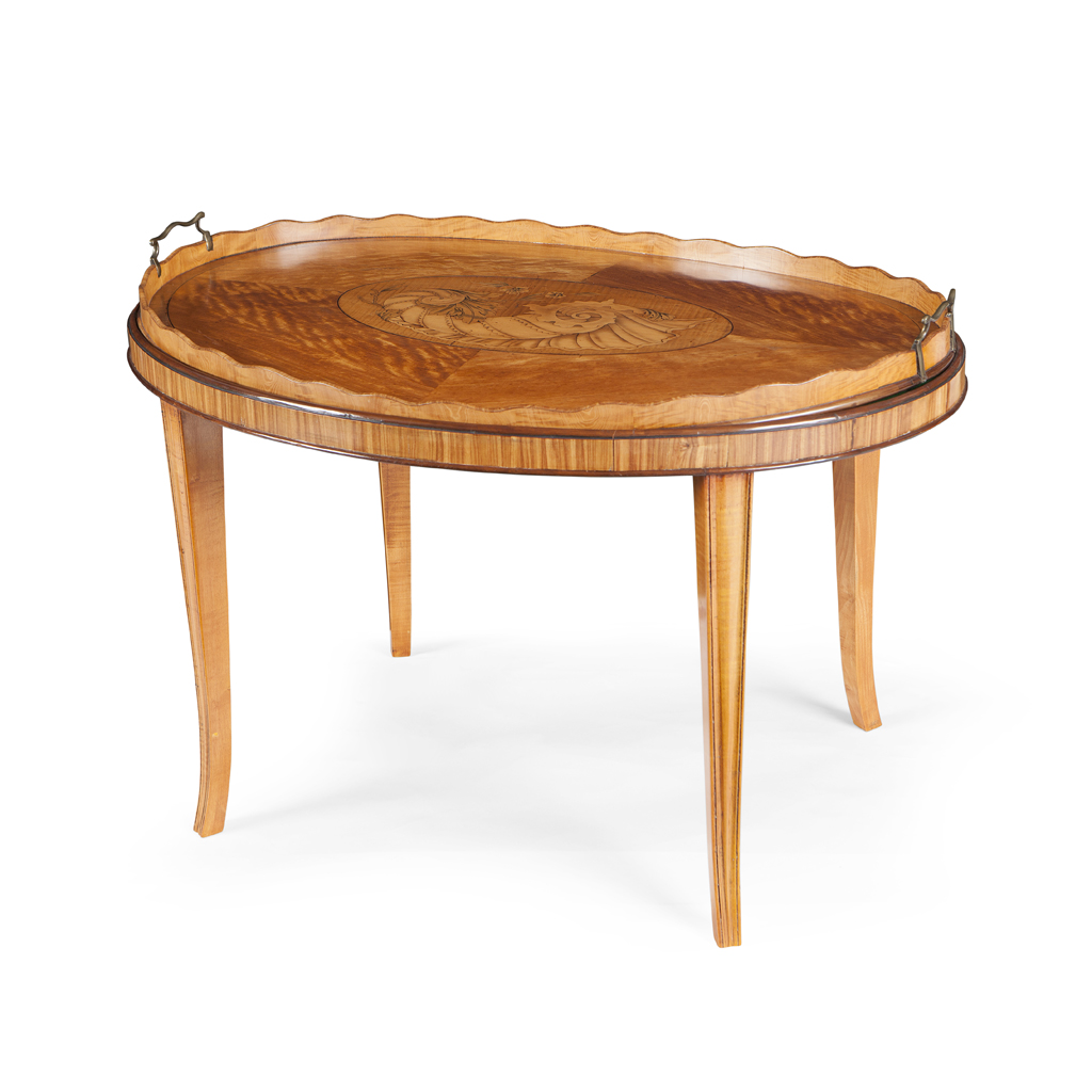A GEORGE III SATINWOOD AND INLAID OVAL TEA TRAY ON STAND
