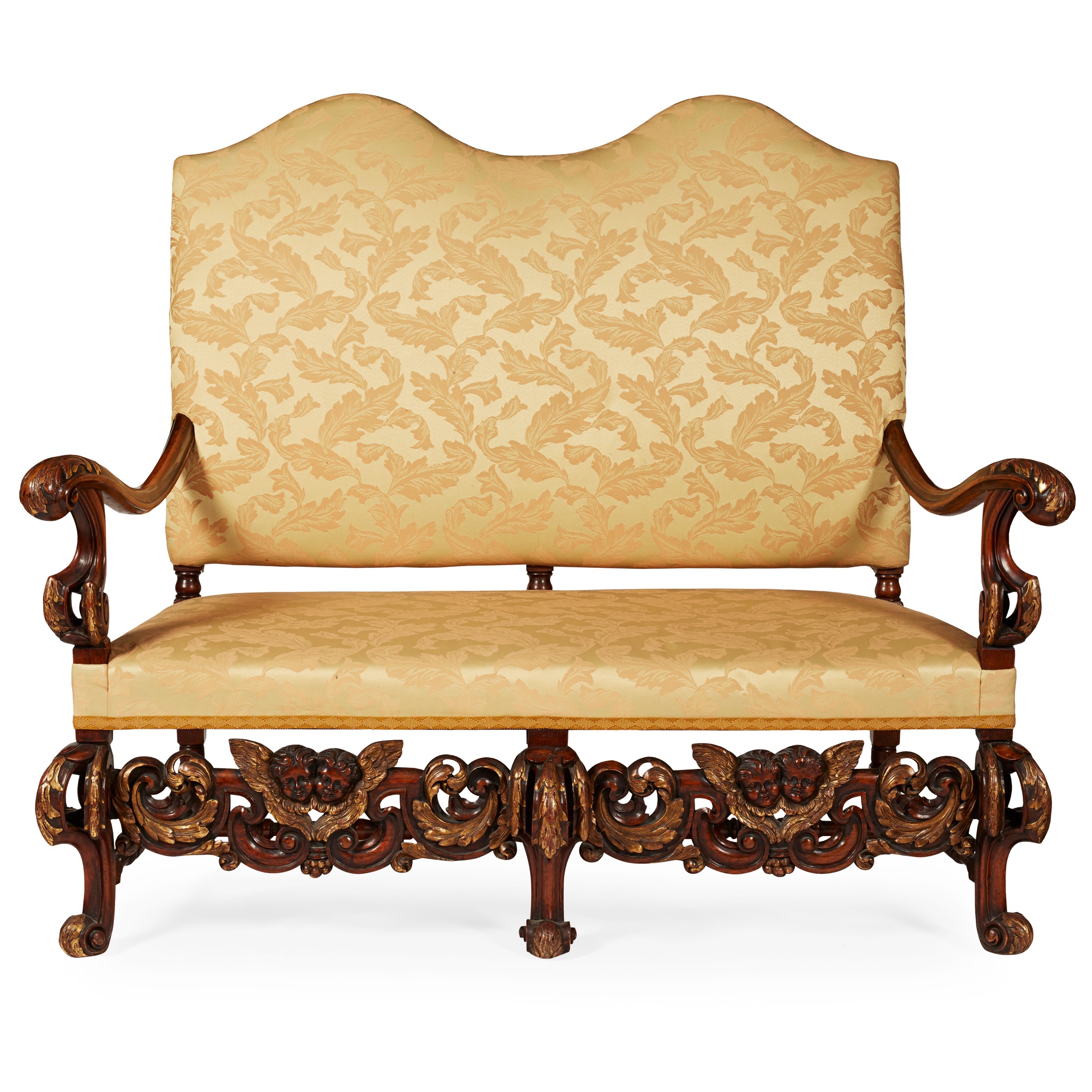 WILLIAM AND MARY STYLE PARCEL-GILT WALNUT DOUBLE CHAIRBACK SETTEE