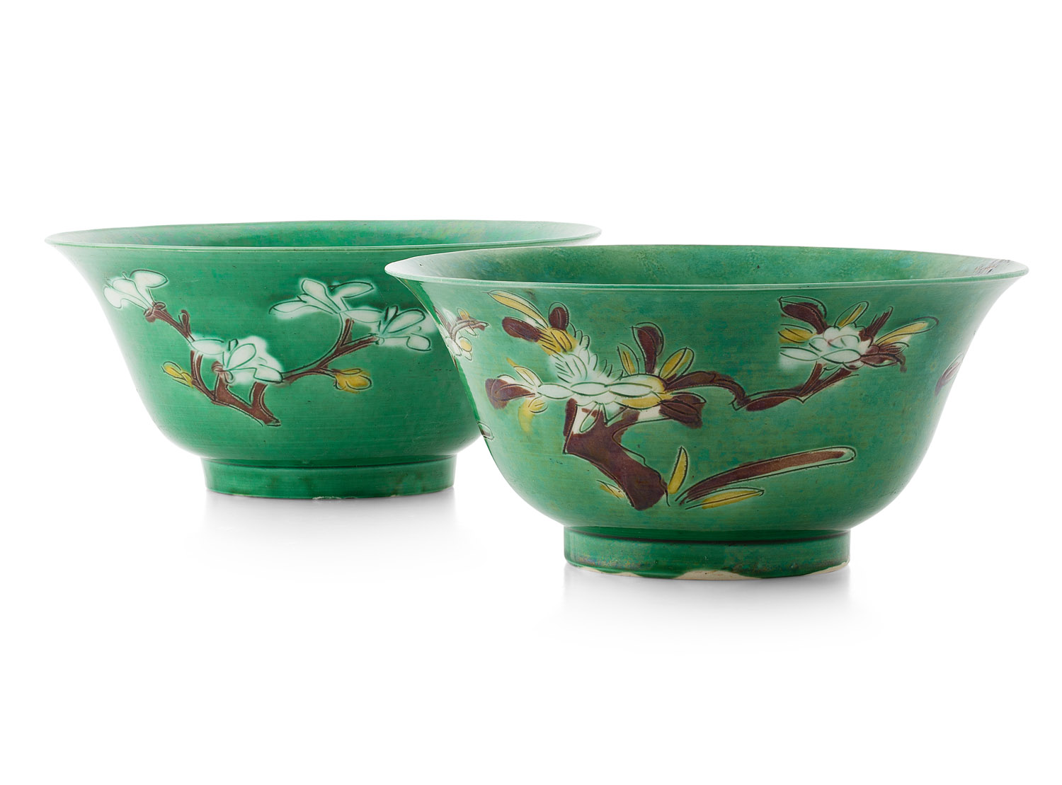 PAIR OF GREEN GLAZED BRINJAL BOWLS