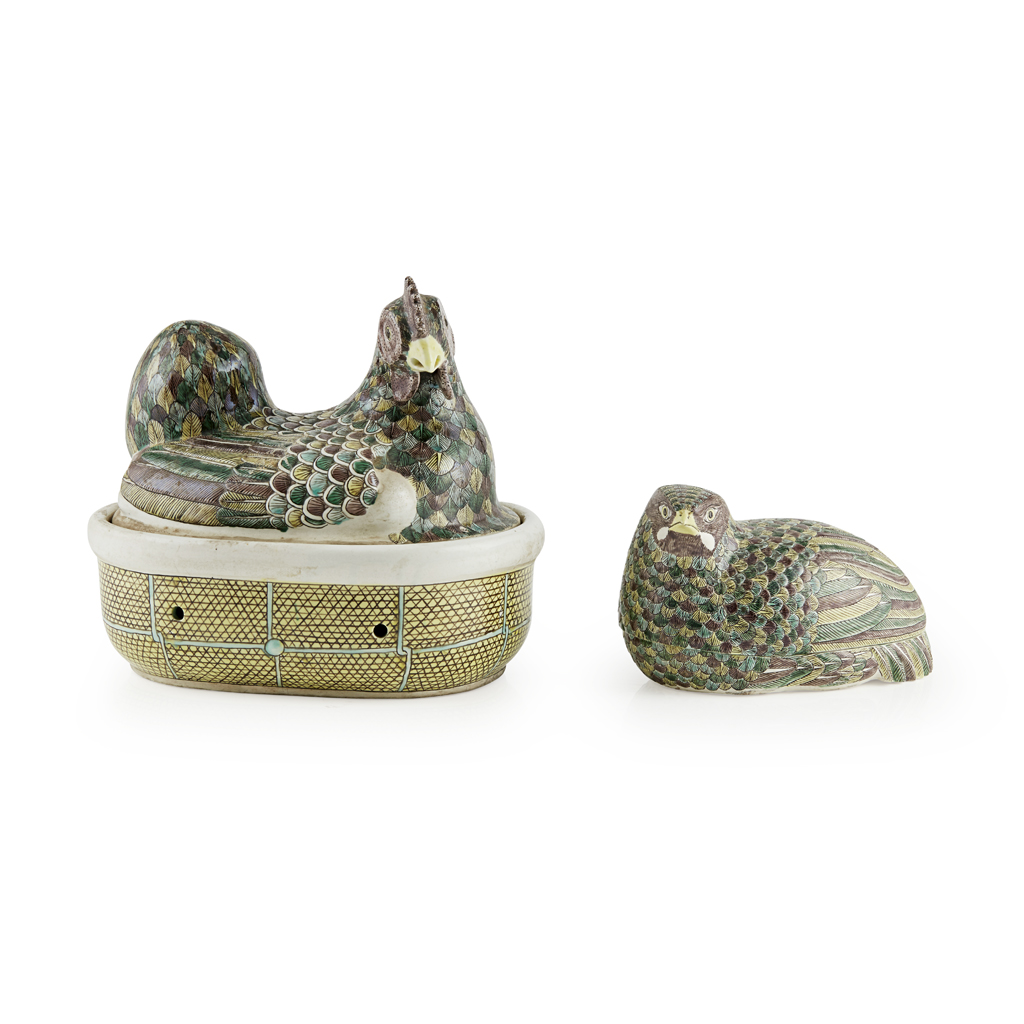 TWO FAMILLE VERTE BISCUIT GLAZED 'COCKEREL AND HEN' COVERED TUREENS