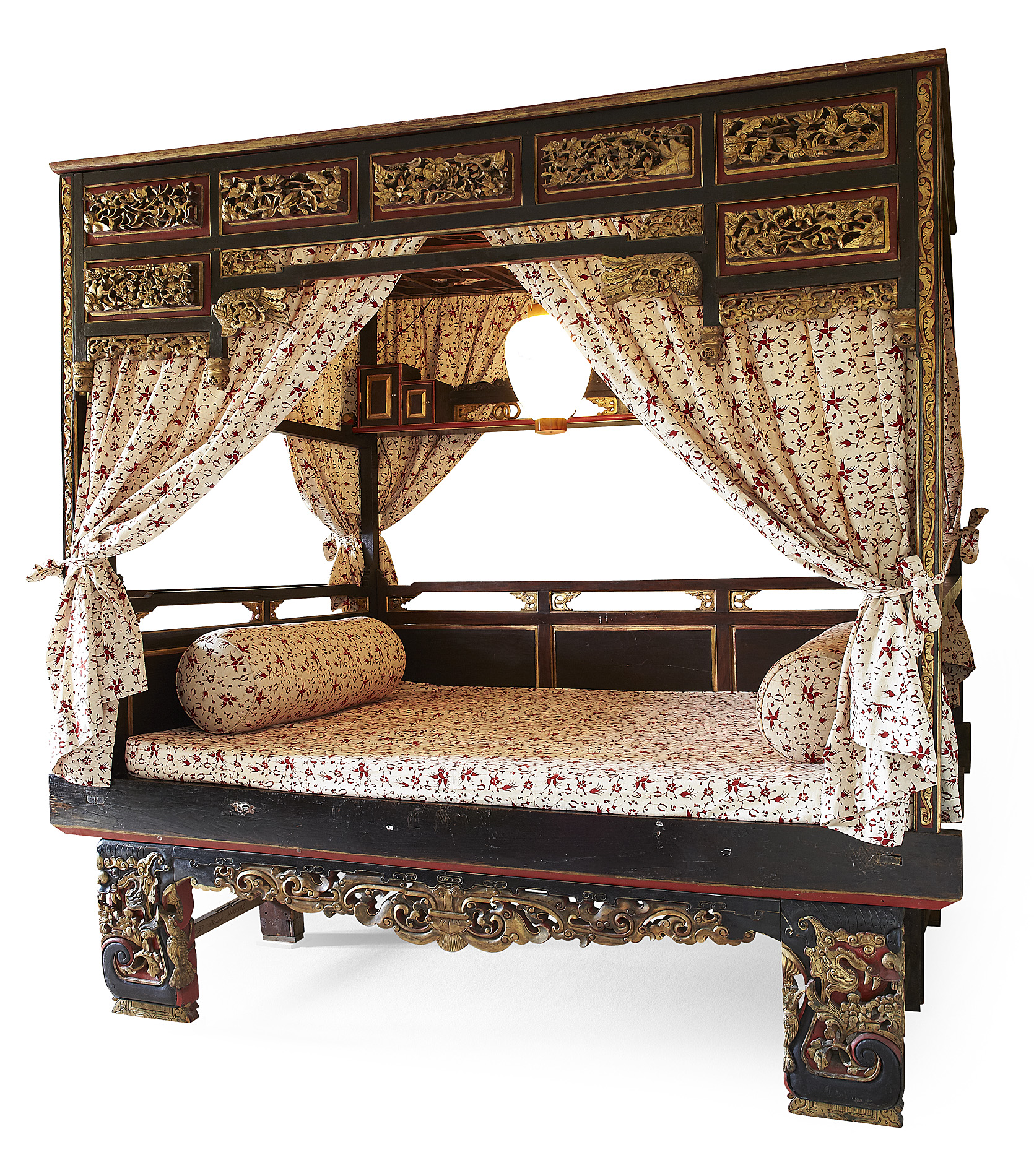 IMPRESSIVE CHINESE HARDWOOD AND PARCEL GILT MARRIAGE BED