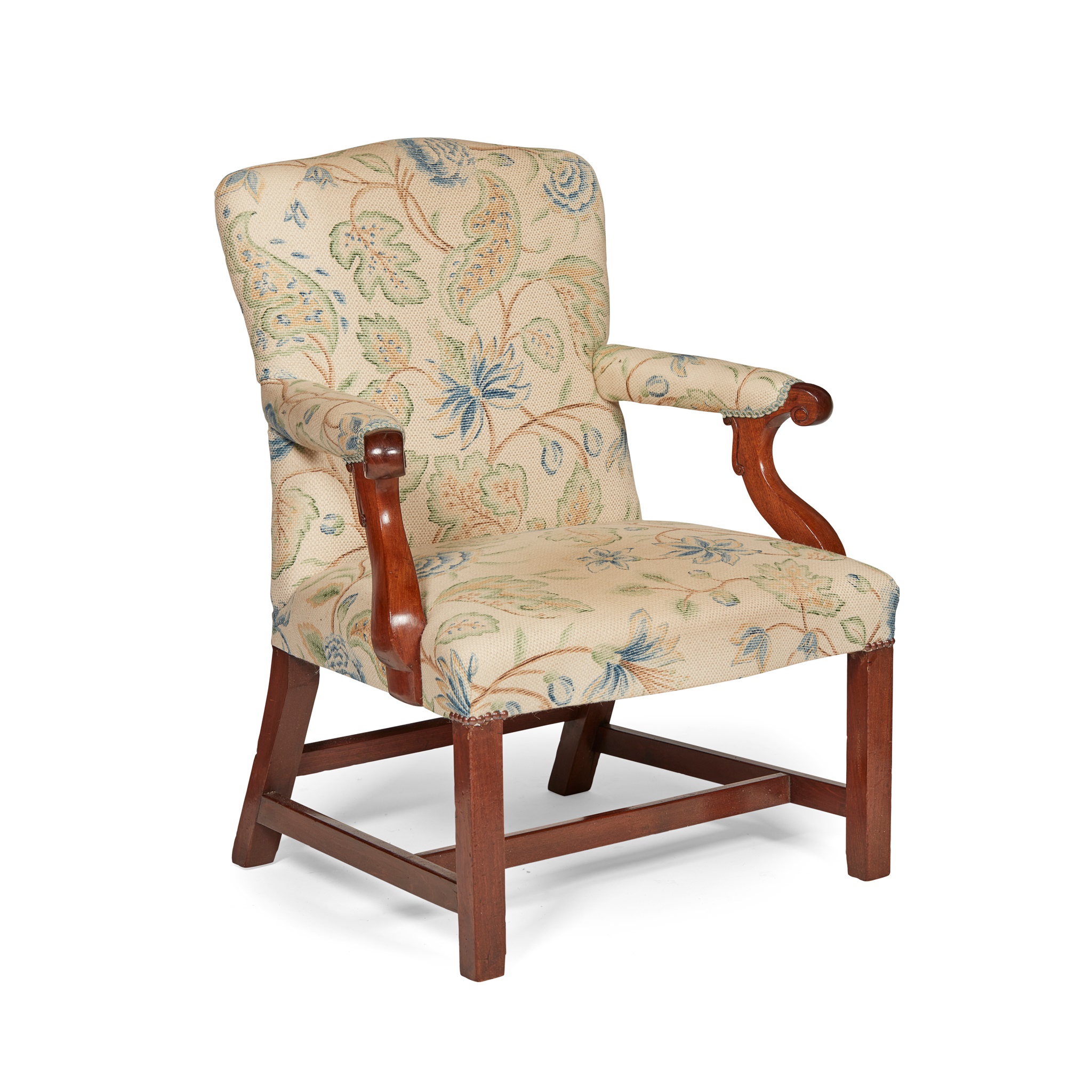 GEORGIAN STYLE MAHOGANY UPHOLSTERED OPEN ARMCHAIR
