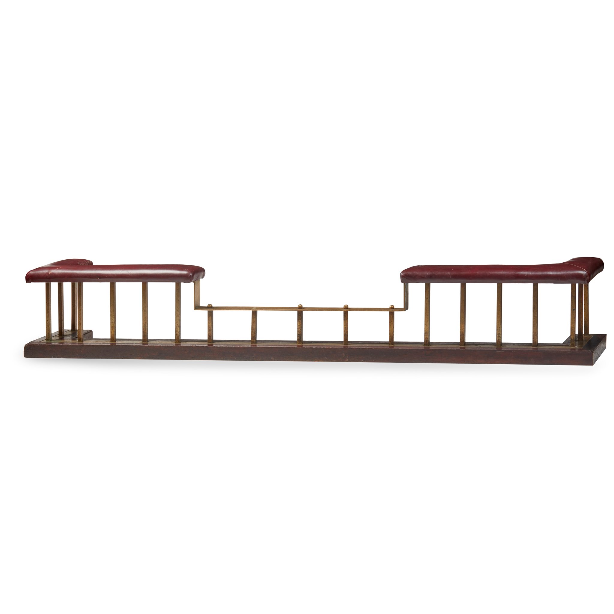 LARGE BRASS, OAK, AND LEATHER FIRE FENDER