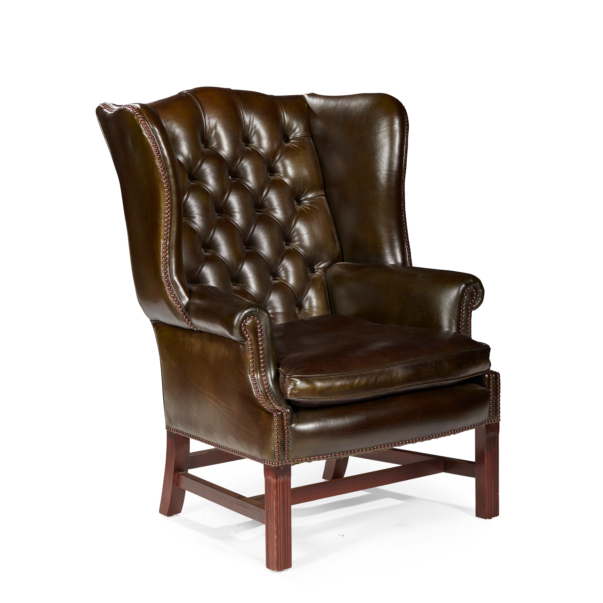 GEORGIAN STYLE GREEN LEATHER UPHOLSTERED WING BACK ARMCHAIR
