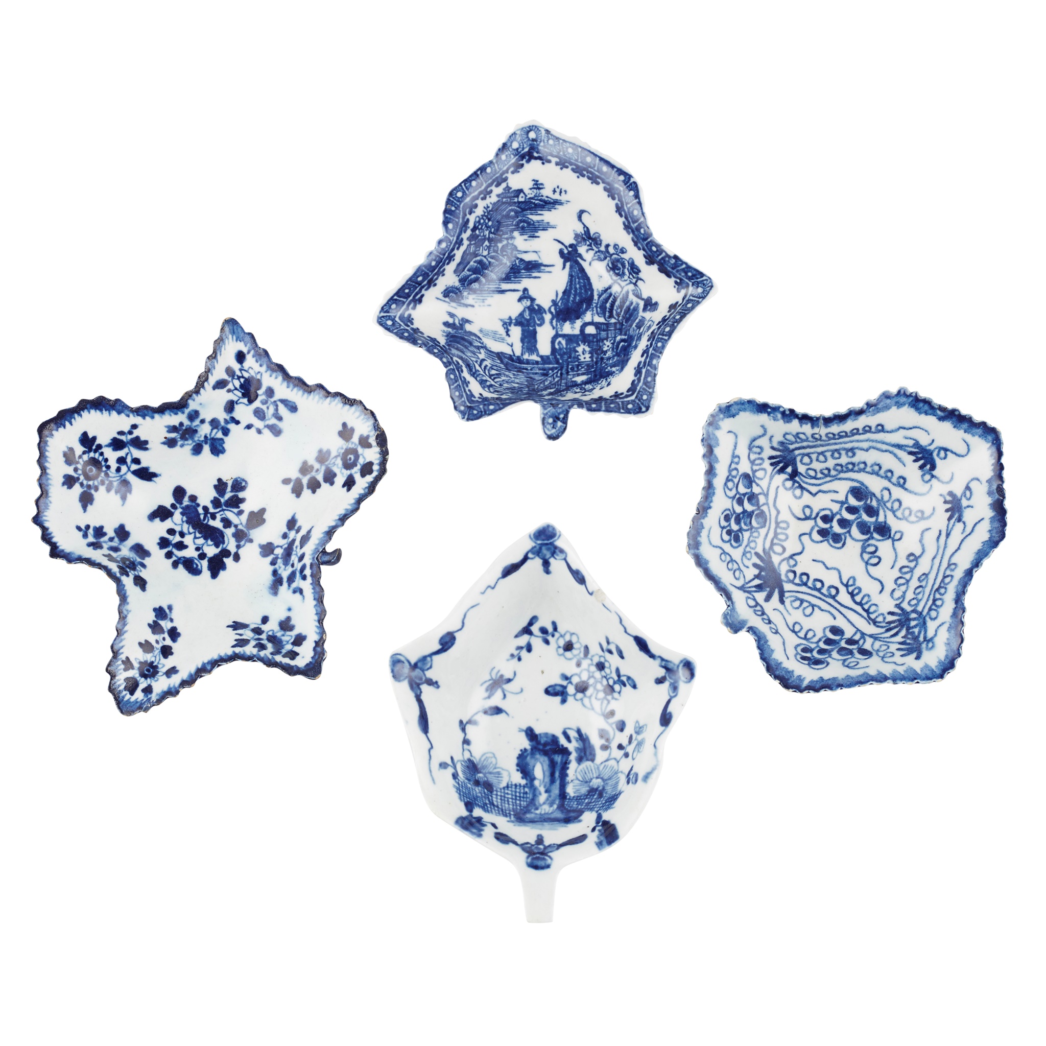 FOUR ENGLISH BLUE AND WHITE PORCELAIN PICKLE DISHES