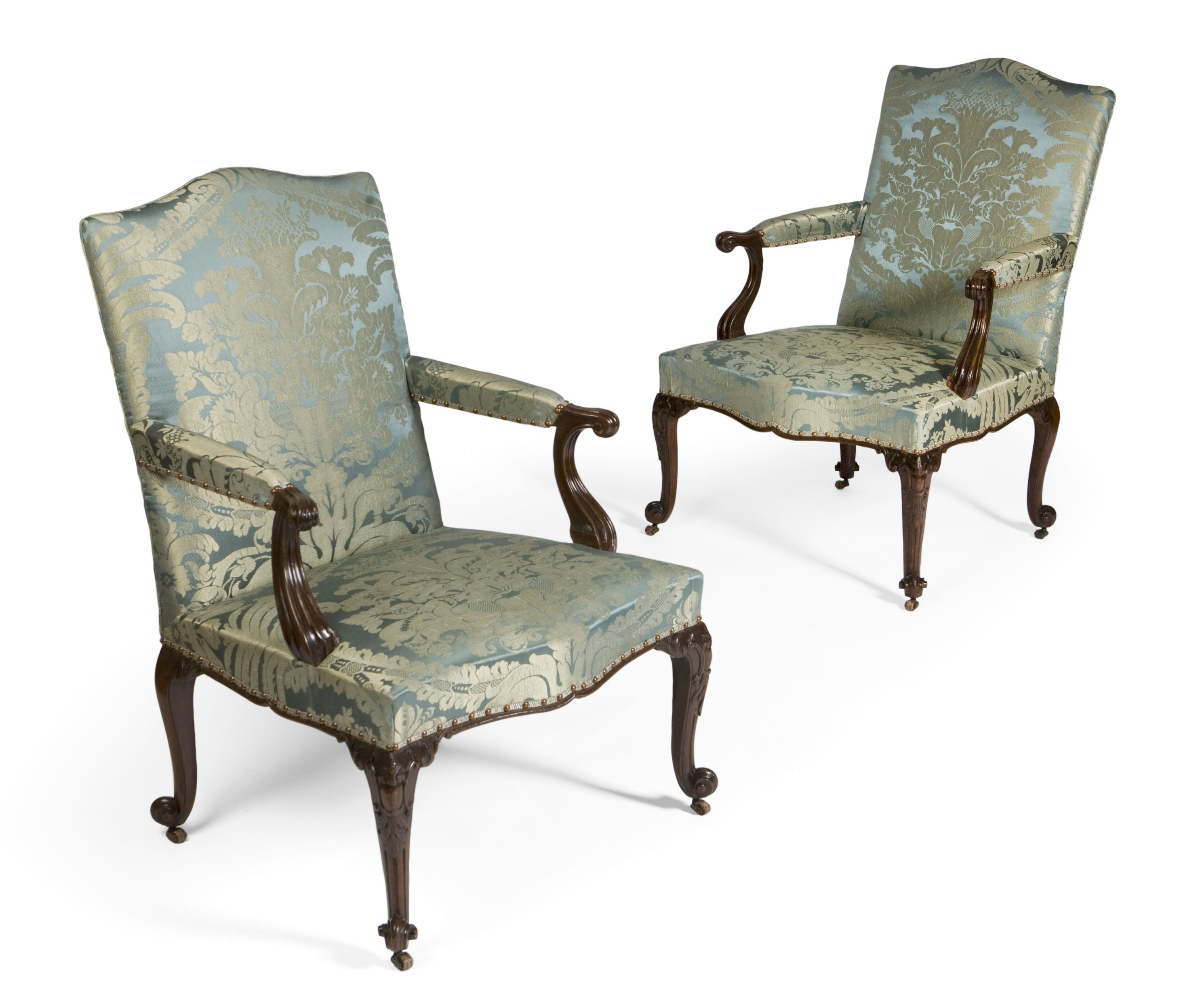 FINE PAIR OF GEORGE III MAHOGANY AND UPHOLSTERED GAINSBOROUGH CHAIRS