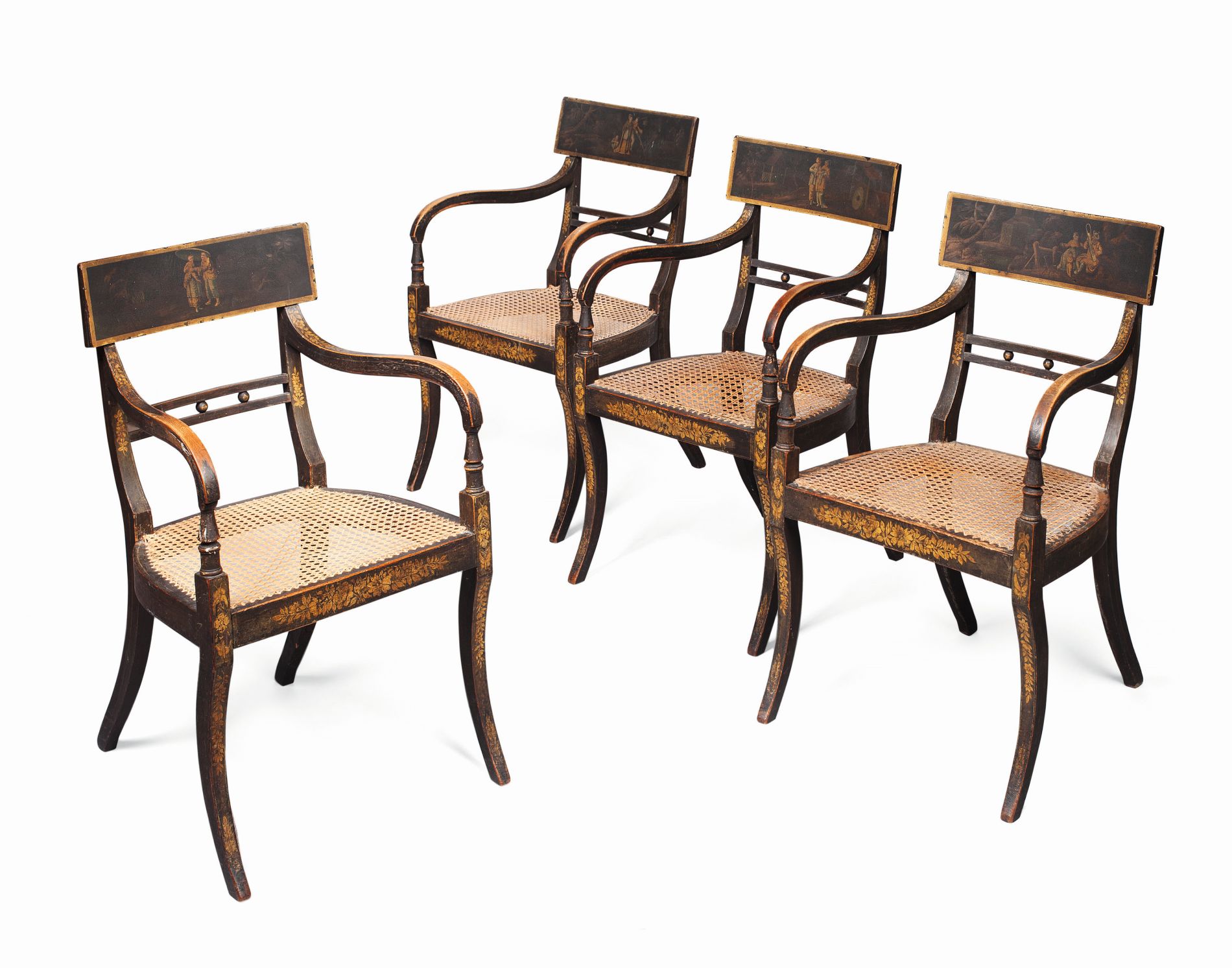 SET OF FOUR REGENCY BLACK JAPANNED ARMCHAIRS