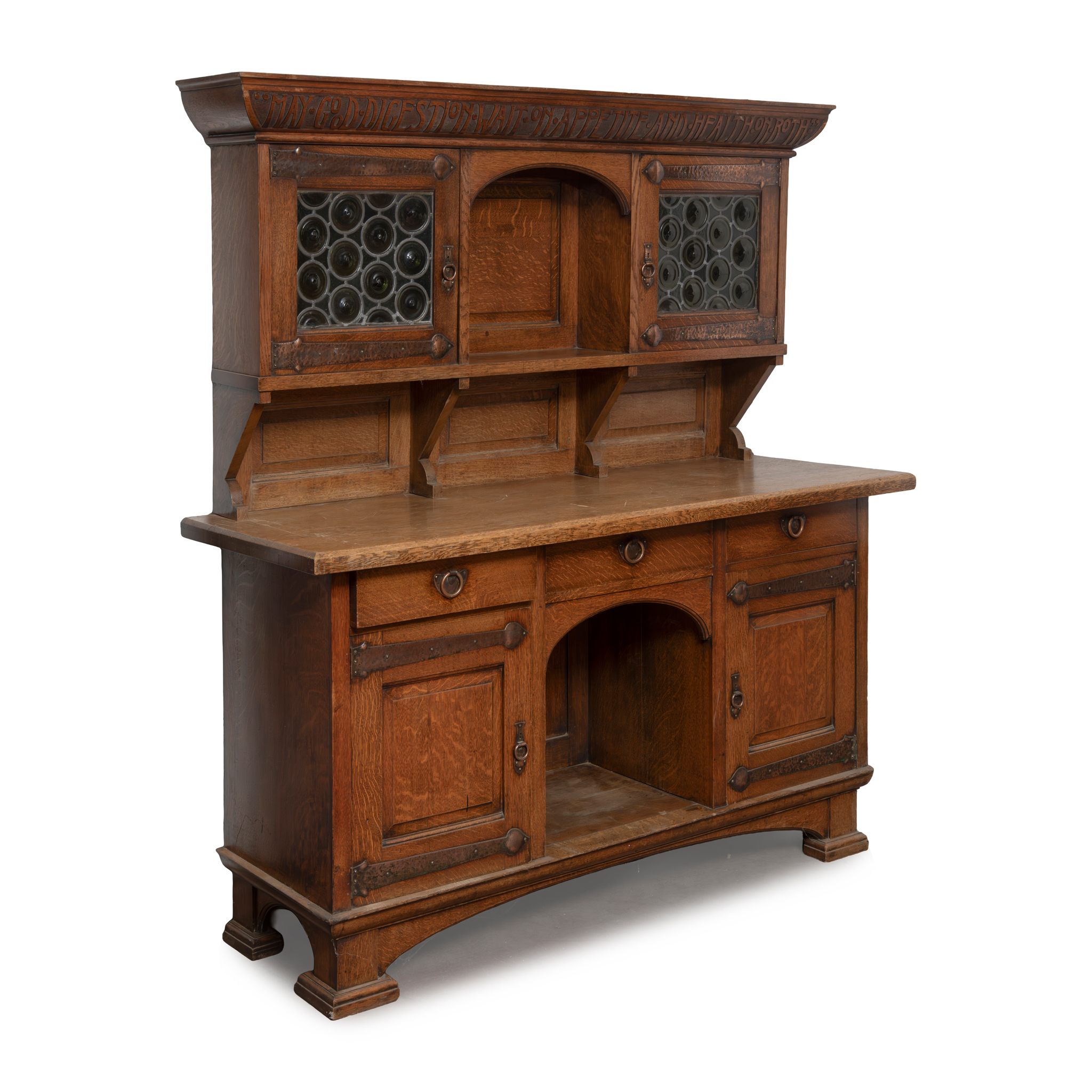 A LARGE VICTORIAN ARTS & CRAFTS OAK SIDEBOARD