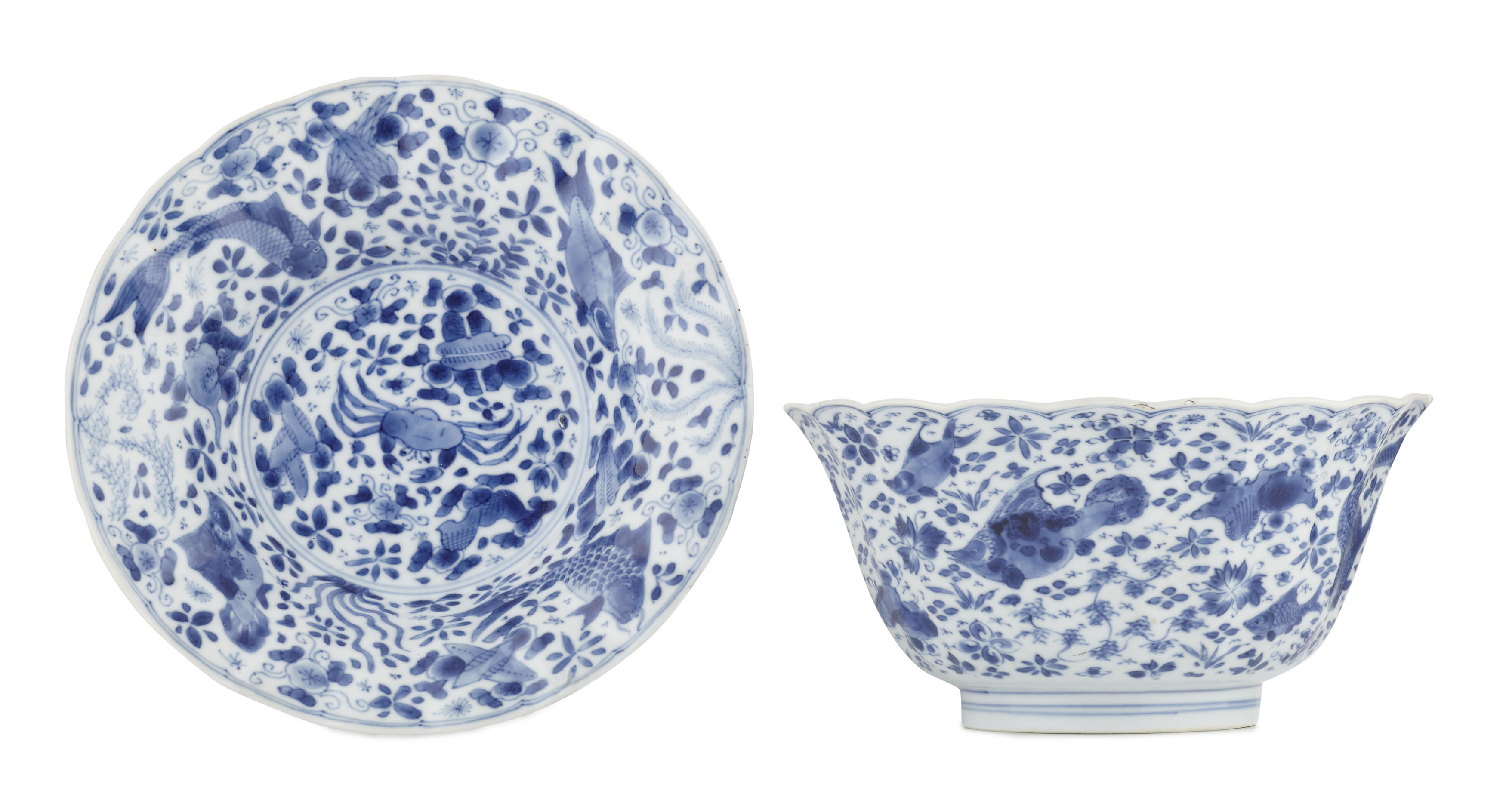 CHINESE BLUE AND WHITE BOWL AND DISH