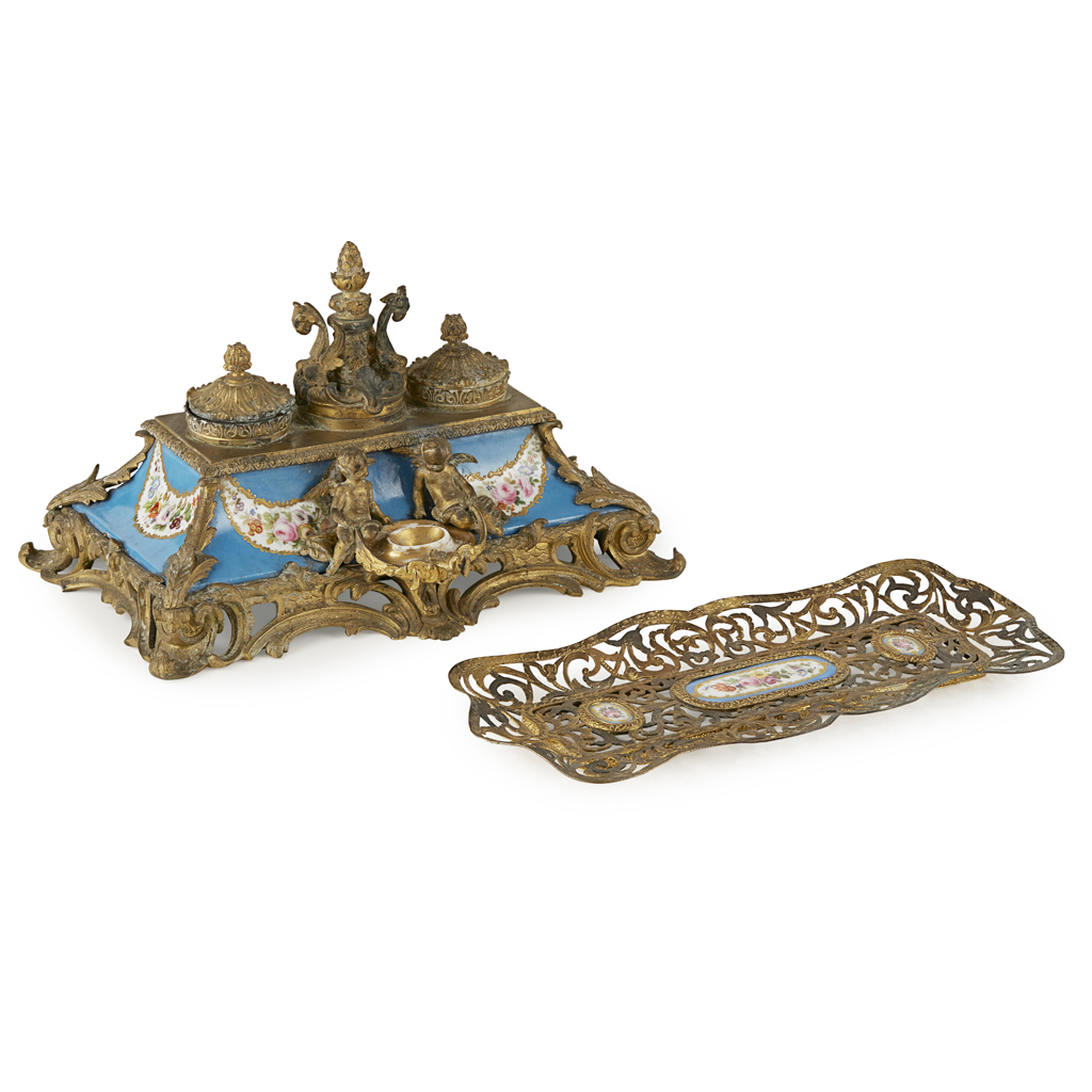 CONTINENTAL GILT METAL AND PORCELAIN INKSTAND AND PEN TRAY