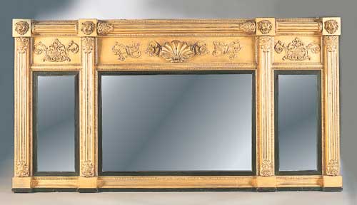 A Regency giltwood and gesso framed triptych overmantel mirror