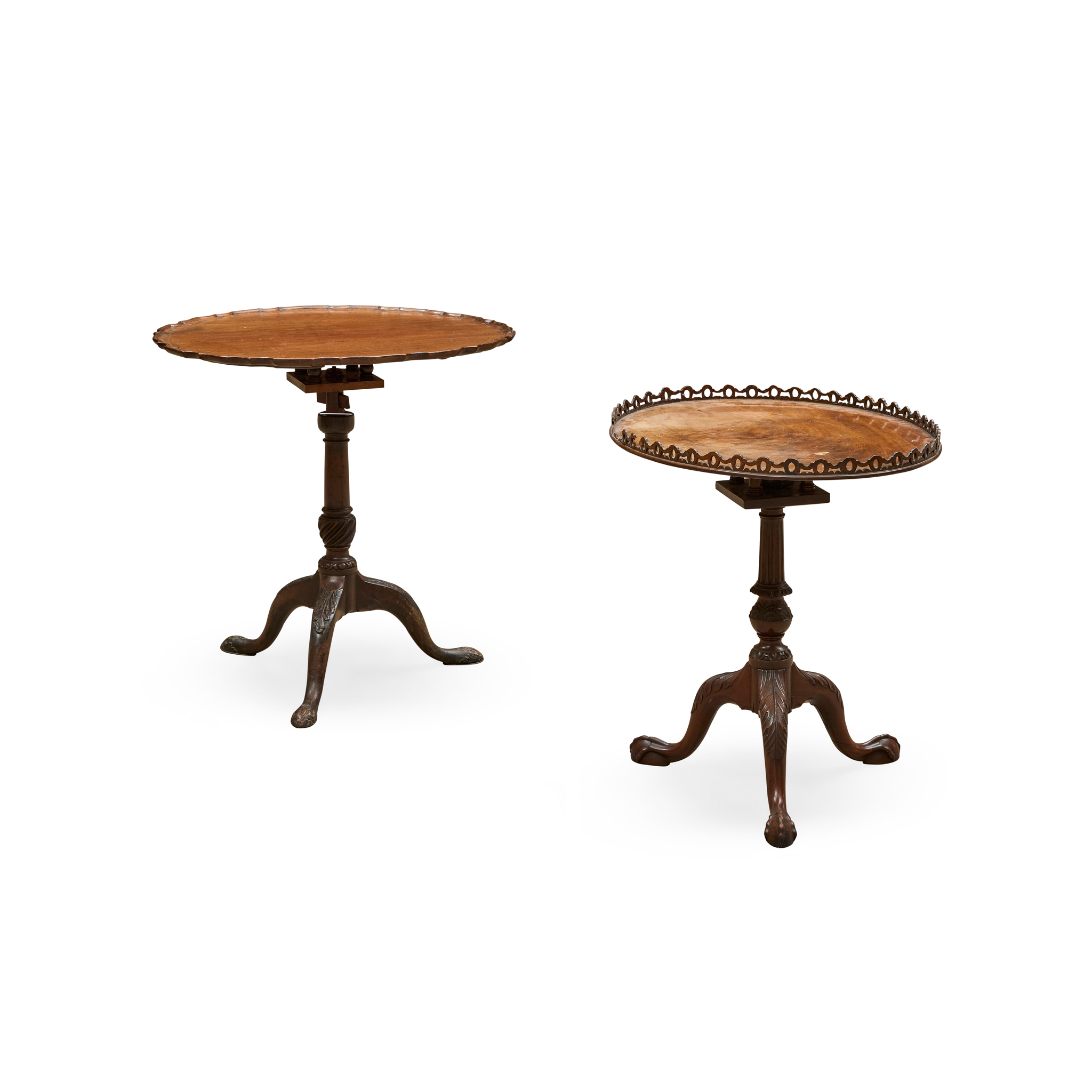 TWO GEORGE III MAHOGANY TRIPOD BASES AND ASSOCIATED TOPS