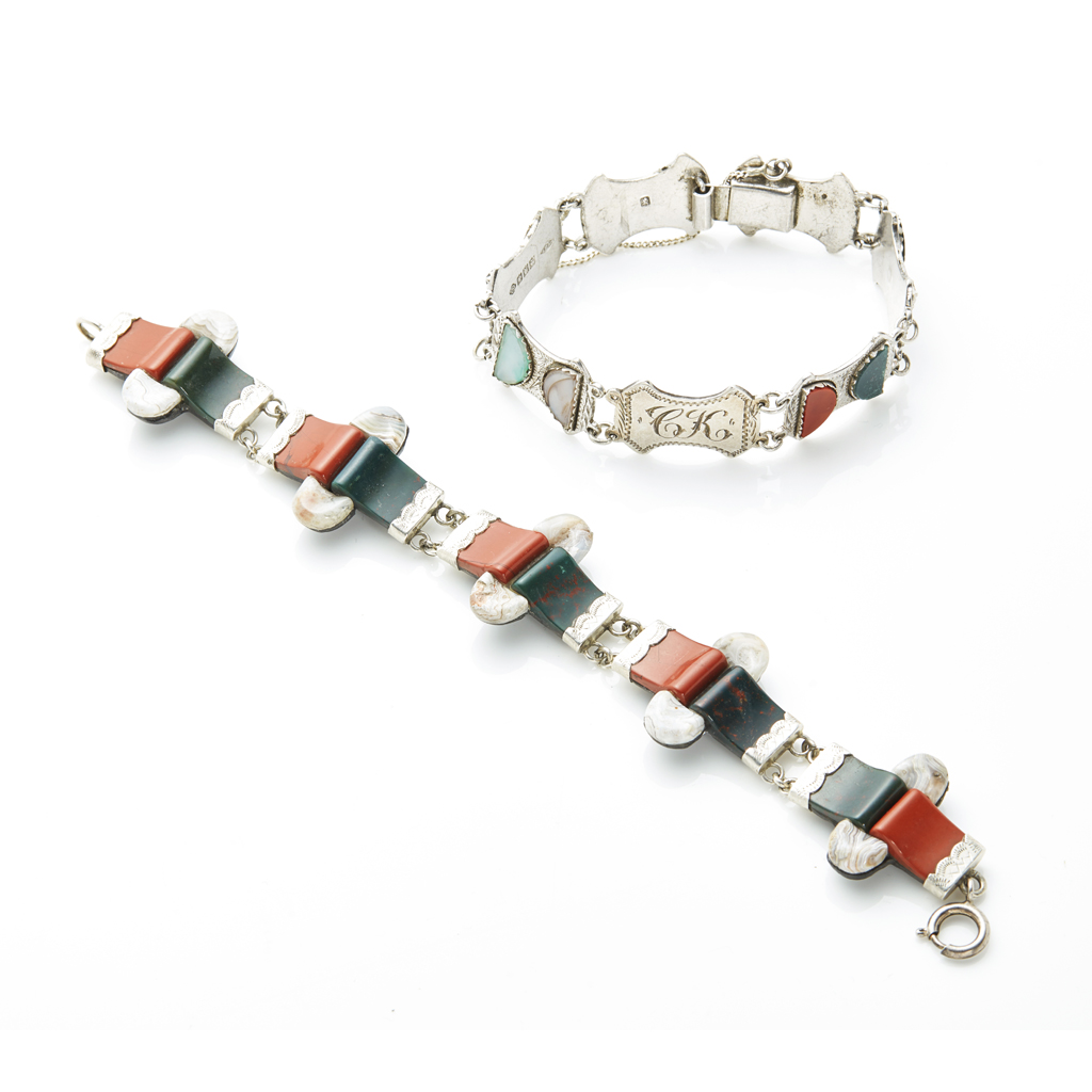 Two silver and agate set bracelets