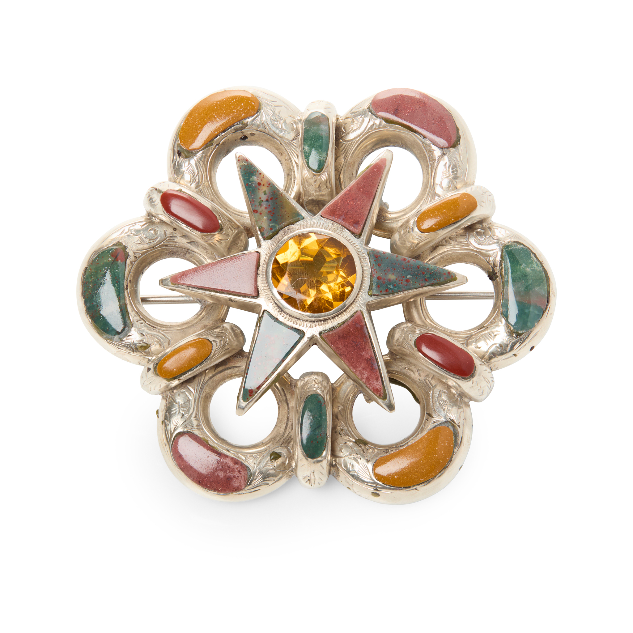 A VICTORIAN CITRINE AND HARDSTONE FOLIATE AND STAR BROOCH