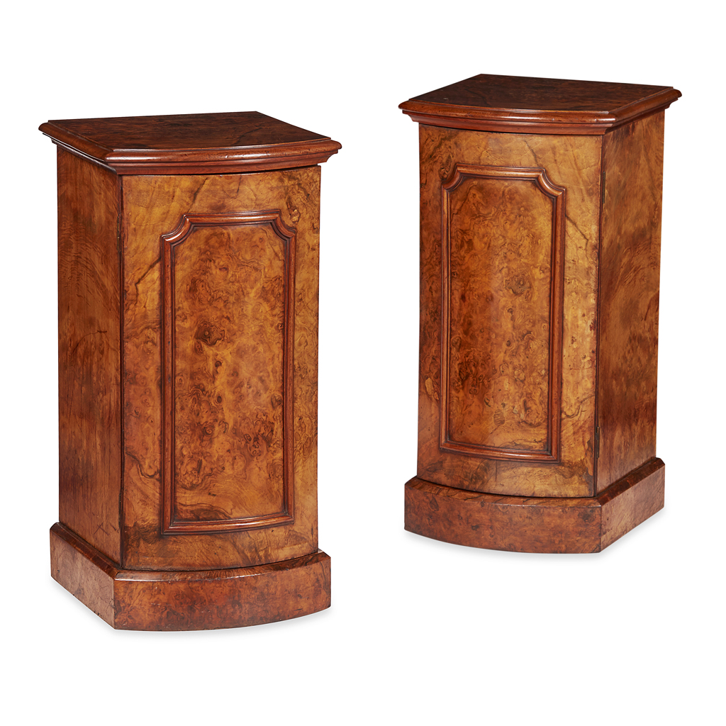 PAIR OF VICTORIAN BURR WALNUT AND WALNUT BEDSIDE CABINETS