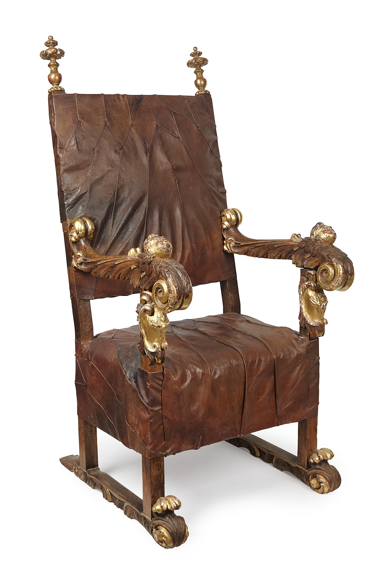 IMPRESSIVE ITALIAN WALNUT AND PARCEL GILT ARMCHAIR