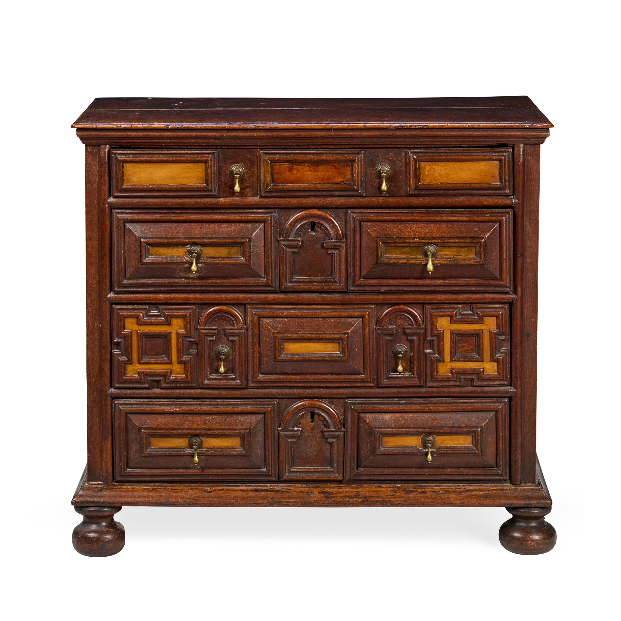 CHARLES I OAK AND FRUITWOOD PANEL CHEST OF DRAWERS