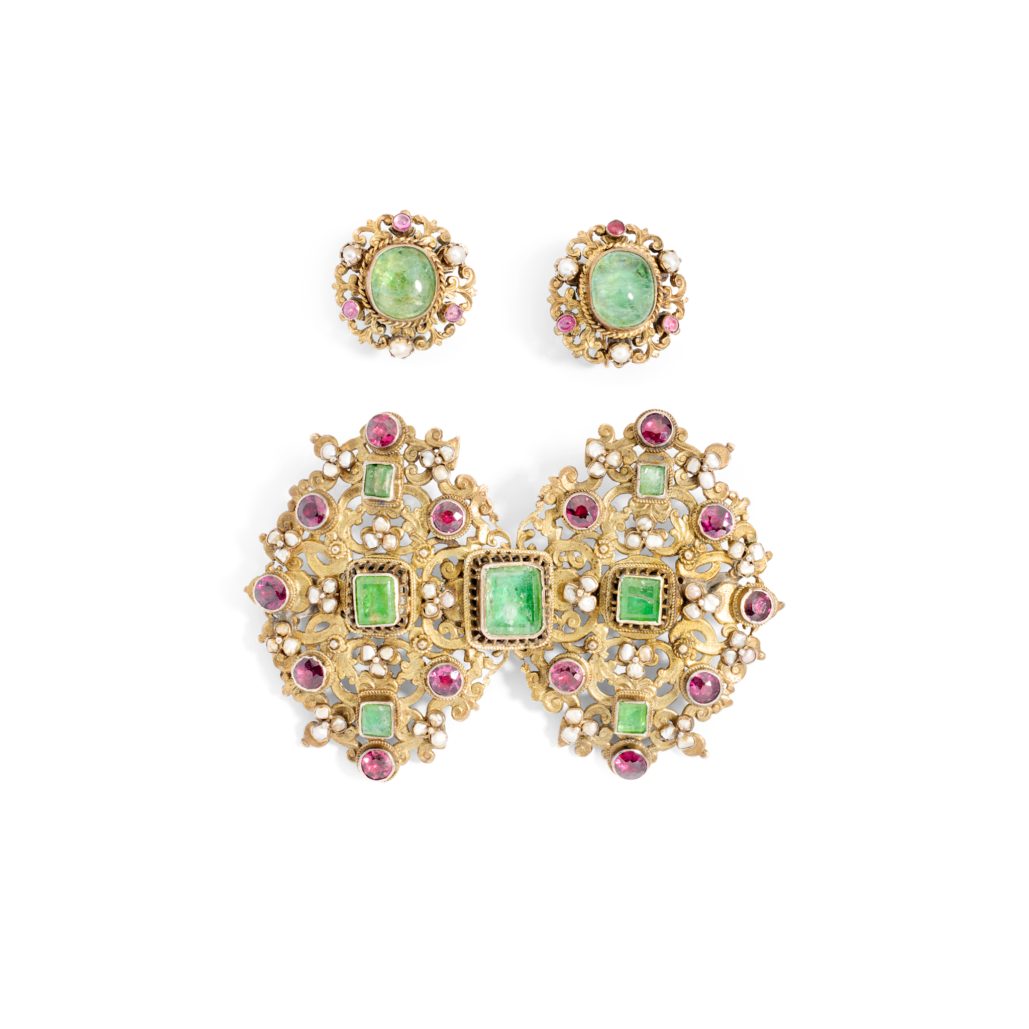 A multi-gem set brooch and matching earrings