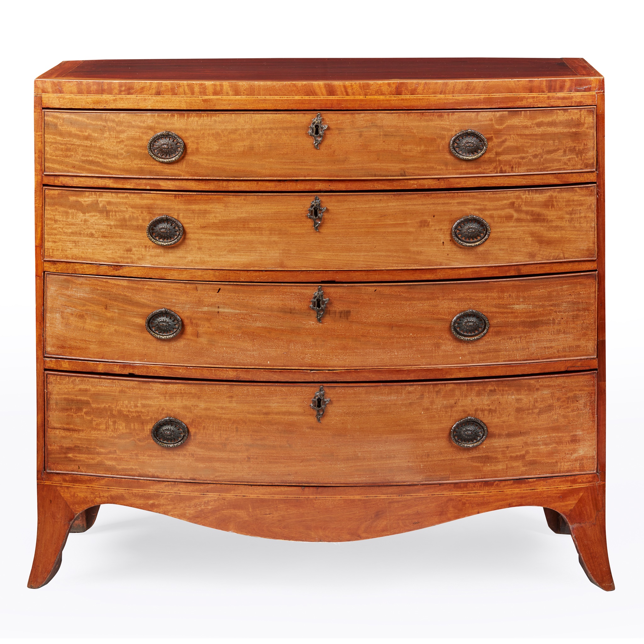 LATE GEORGE III MAHOGANY AND SATINWOOD BOWFRONT CHEST OF DRAWERS