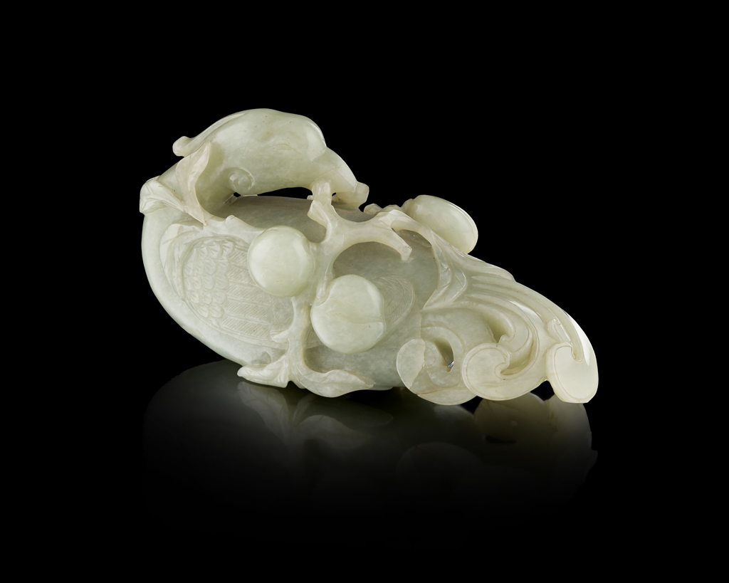 CELADON JADE CARVED 'PHOENIX AND PEACH' GROUP