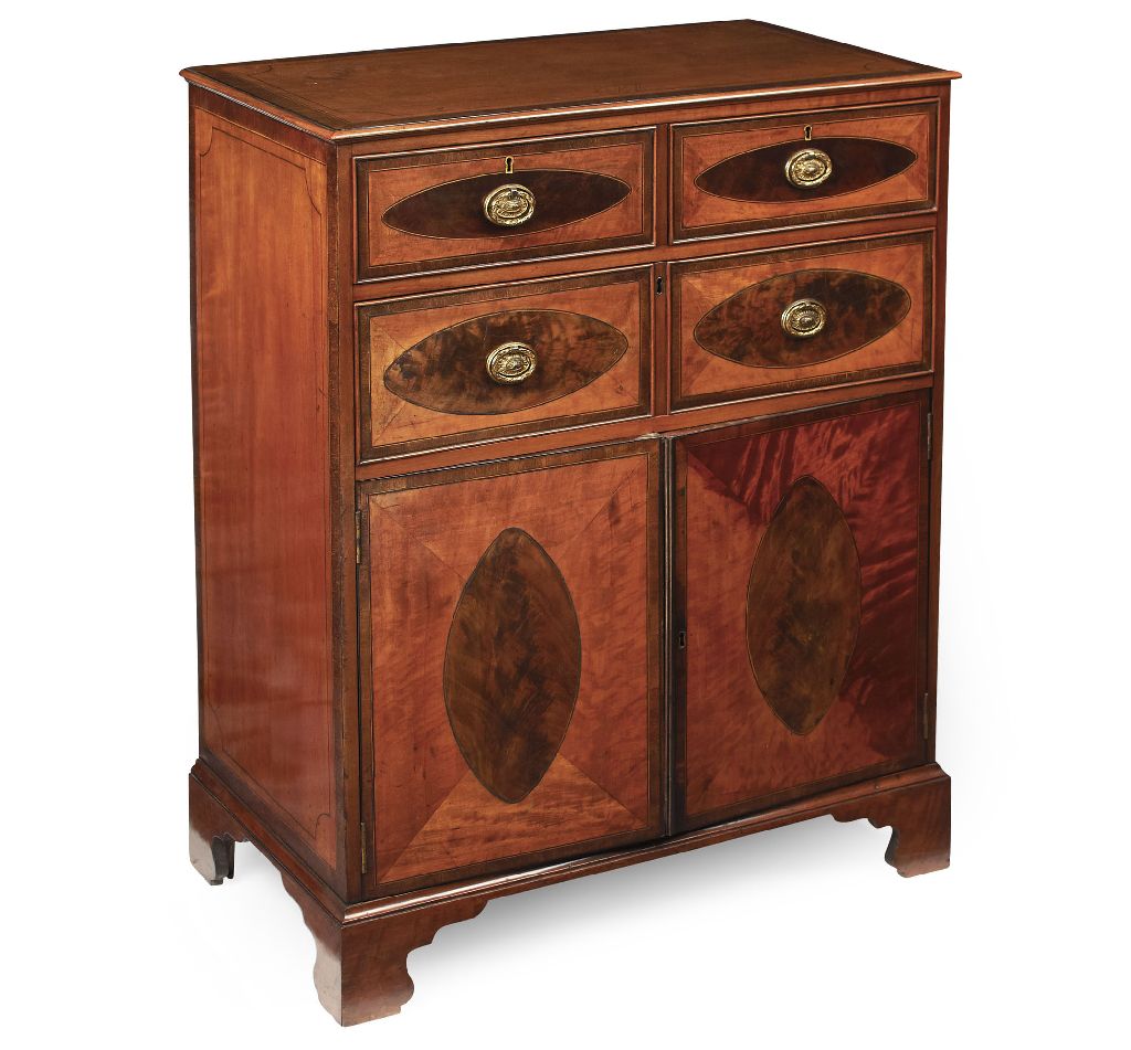 GEORGE III STYLE SATINWOOD AND MAHOGANY COMMODE