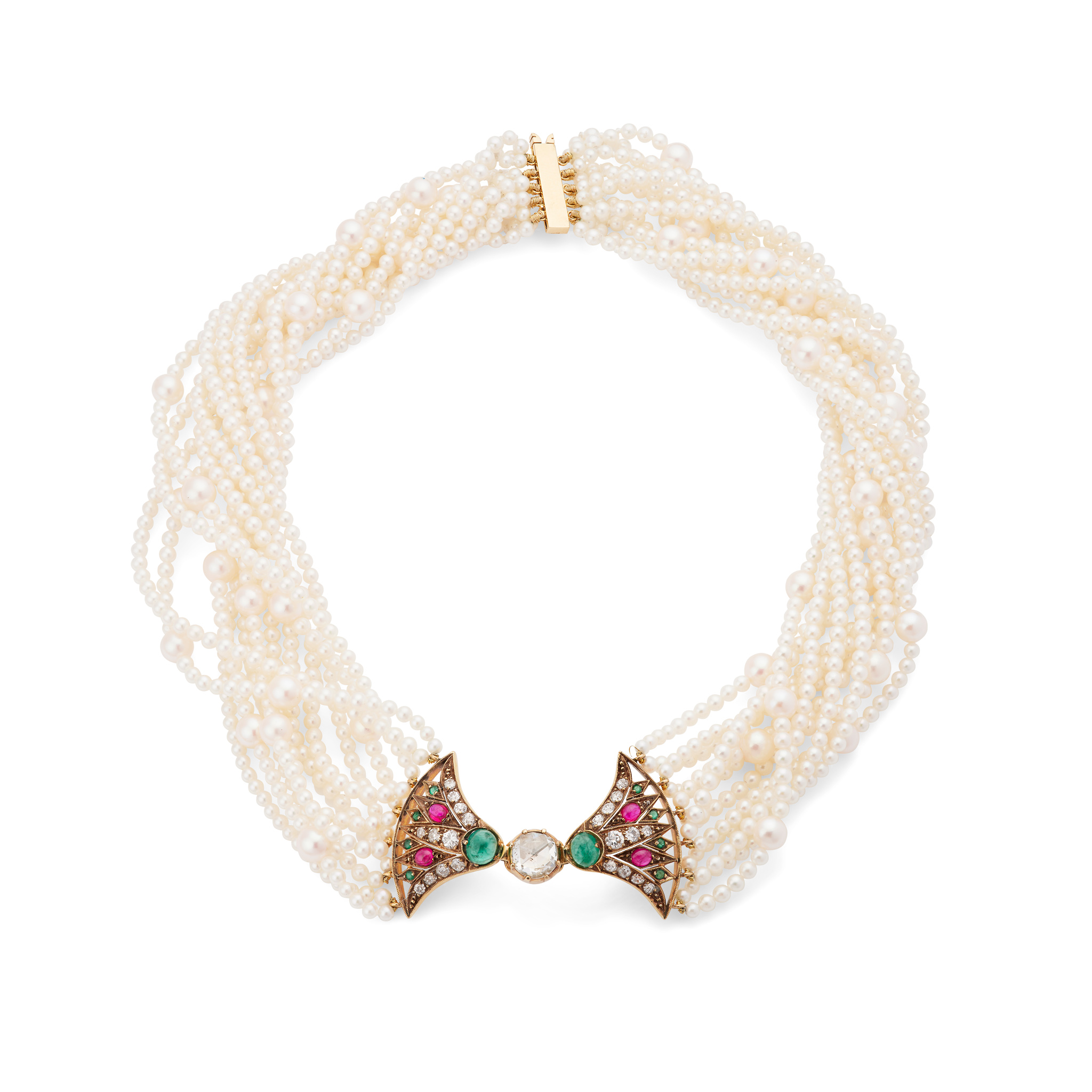 An Egyptian Revival cultured pearl, ruby, emerald and diamond necklace