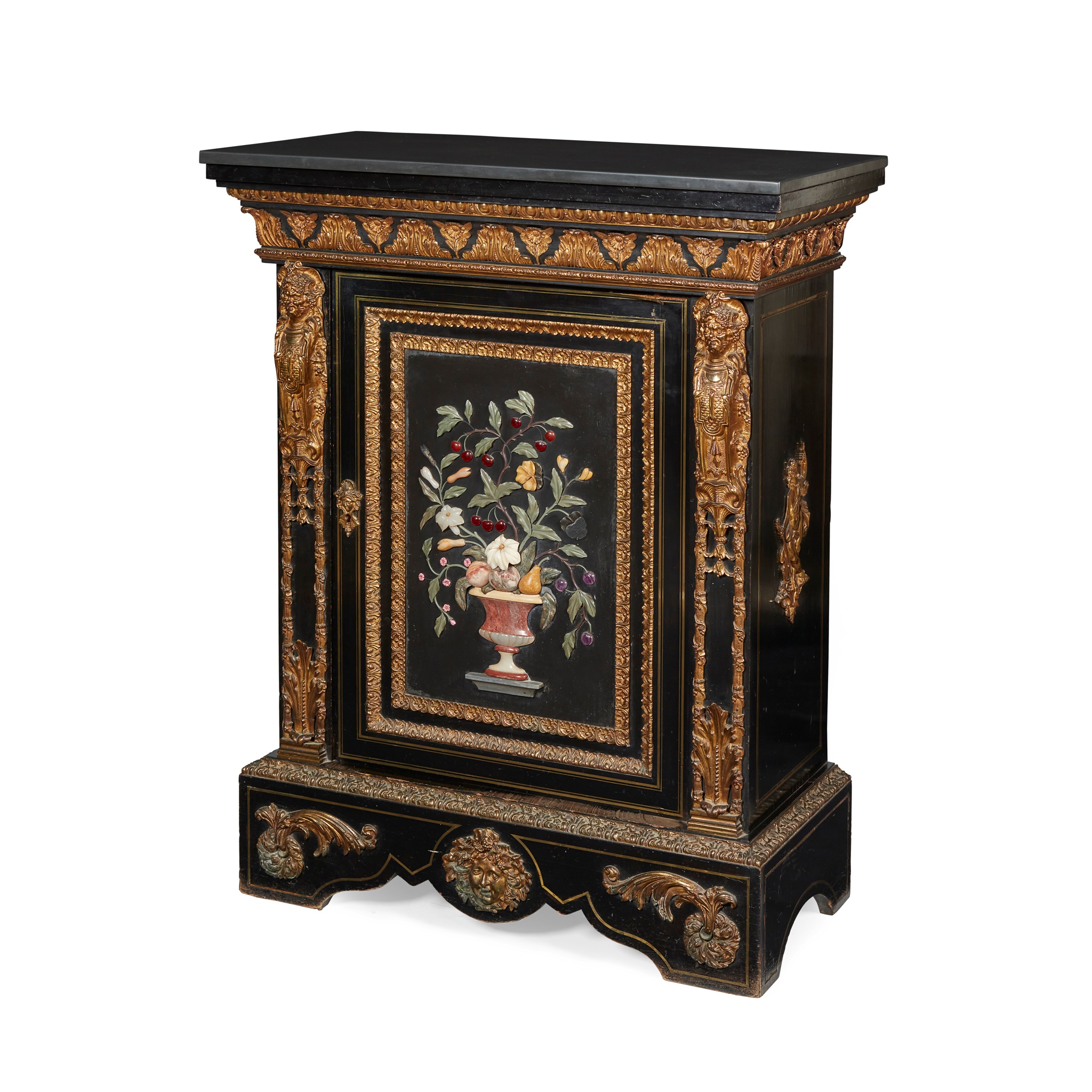 VICTORIAN PIETRA DURA AND GILT METAL MOUNTED EBONY PIER CABINET