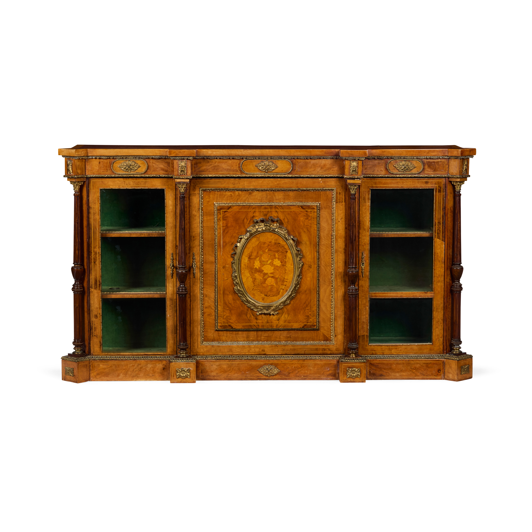 VICTORIAN WALNUT, MAPLE, AND MARQUETRY GILT METAL MOUNTED CREDENZA