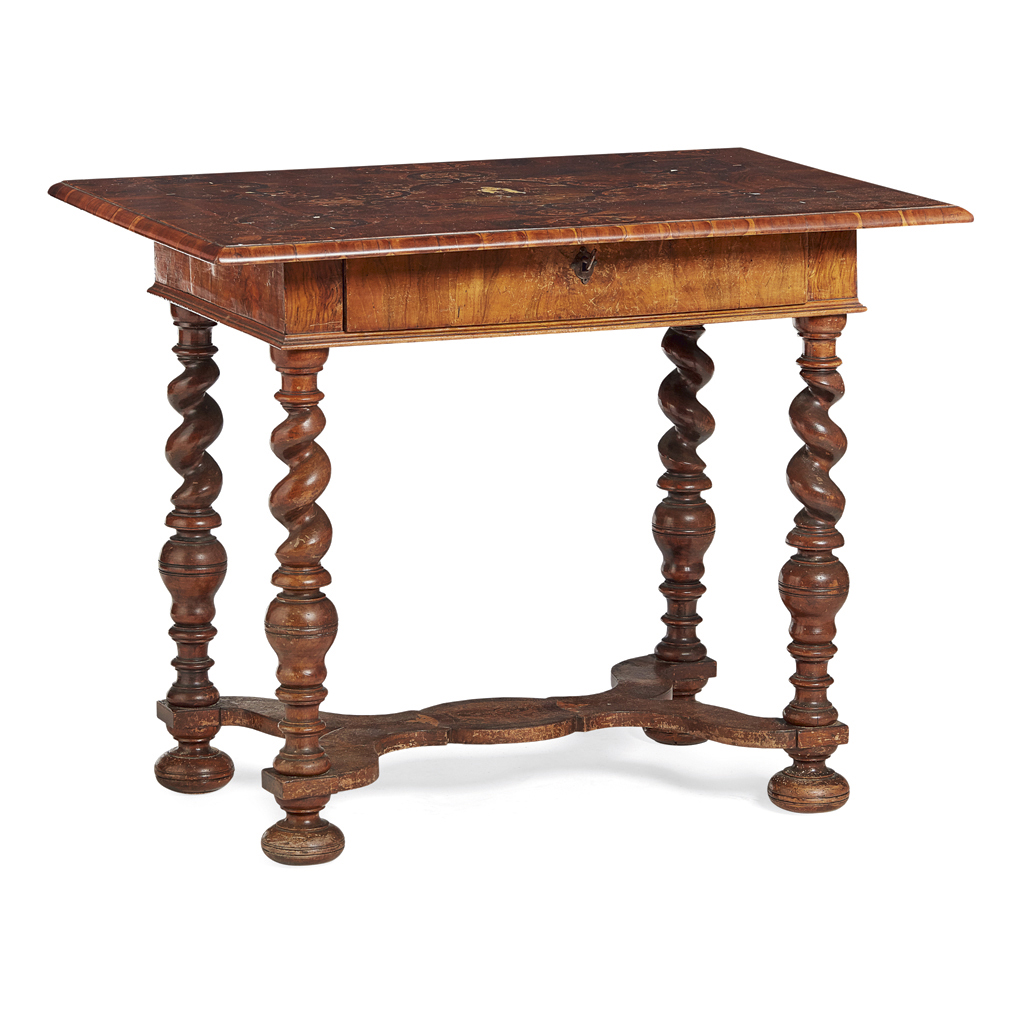 ITALIAN WALNUT, FRUITWOOD, MARQUETRY AND IVORY INLAID TABLE