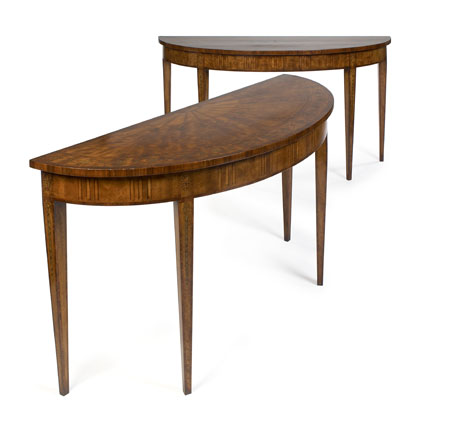 A pair of demi-lune mahogany and inlaid pier tables