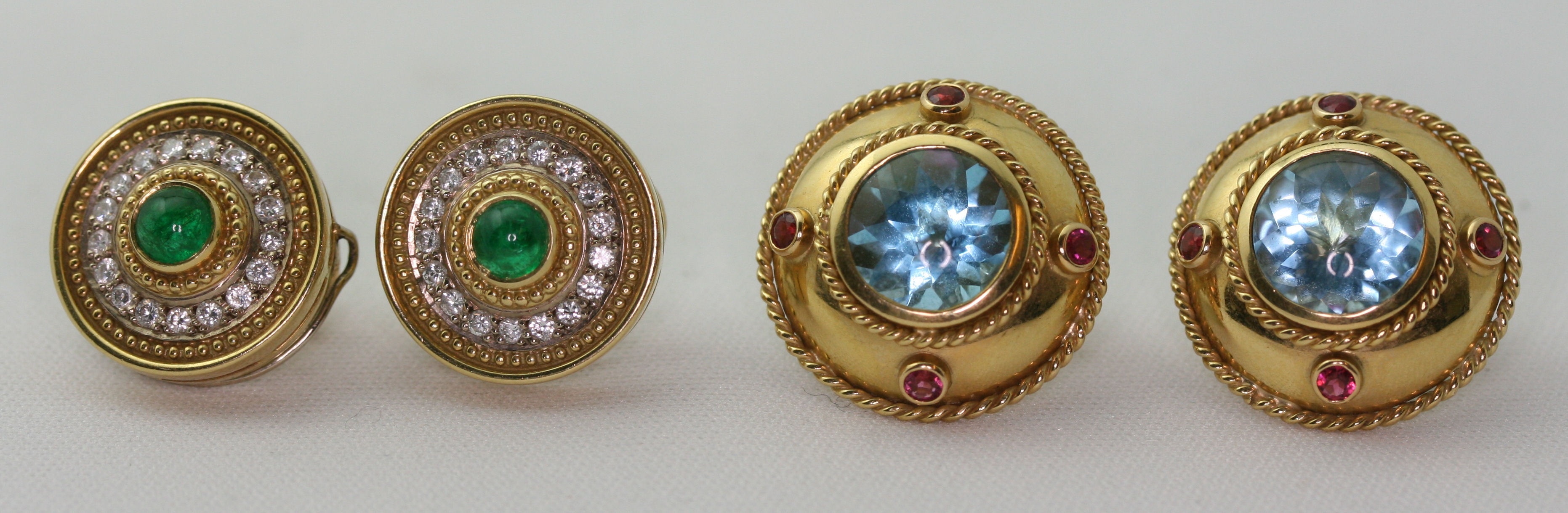 THEO FENNELL - two pairs of 18ct gold mounted multi-gem set earrings