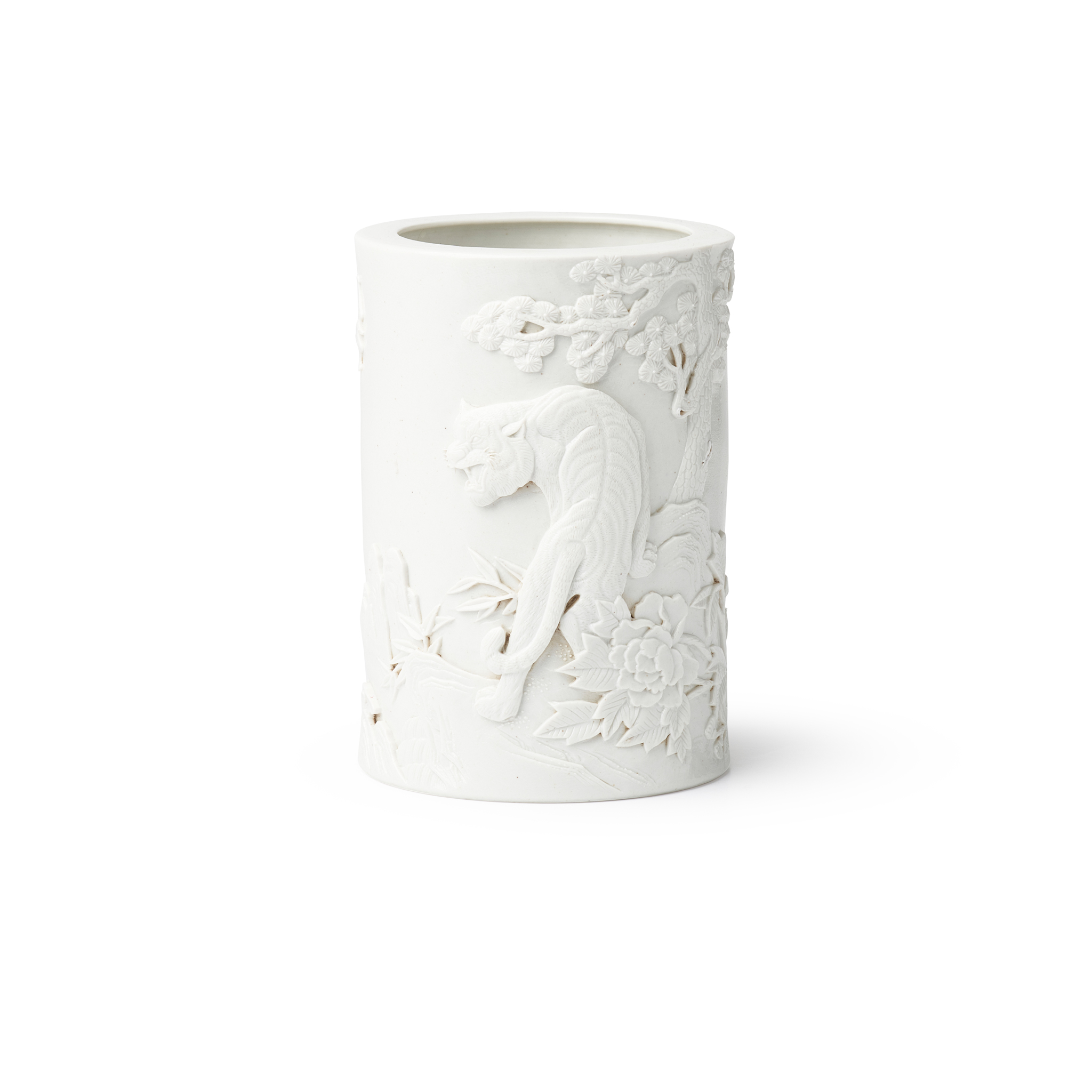 CARVED WHITE BISCUIT PORCELAIN 'TIGER' BRUSHPOT