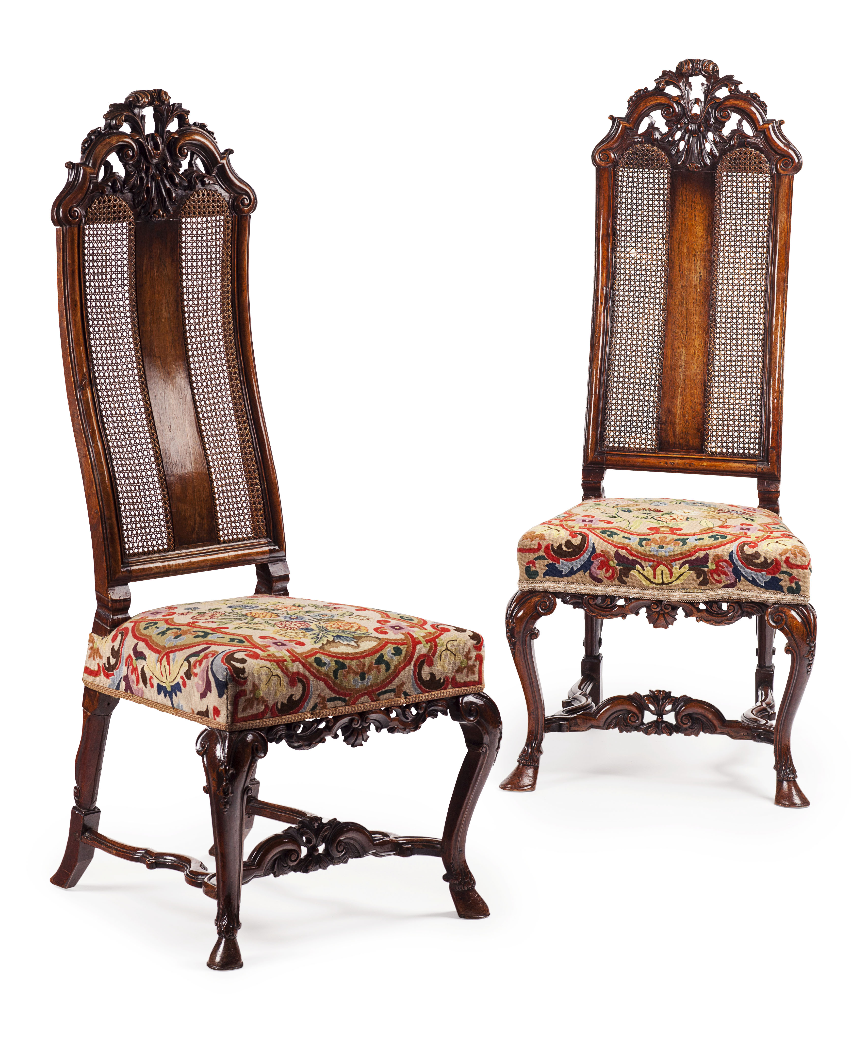 PAIR OF WILLIAM & MARY WALNUT AND CANED HIGH BACK SIDE CHAIRS