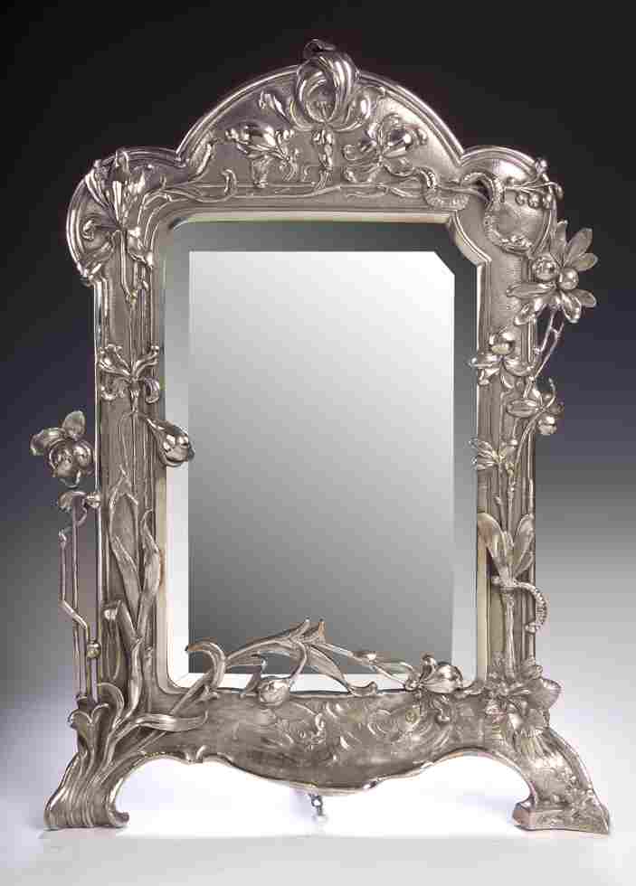 An Art Nouveau electroplated strut dressing-table mirror,