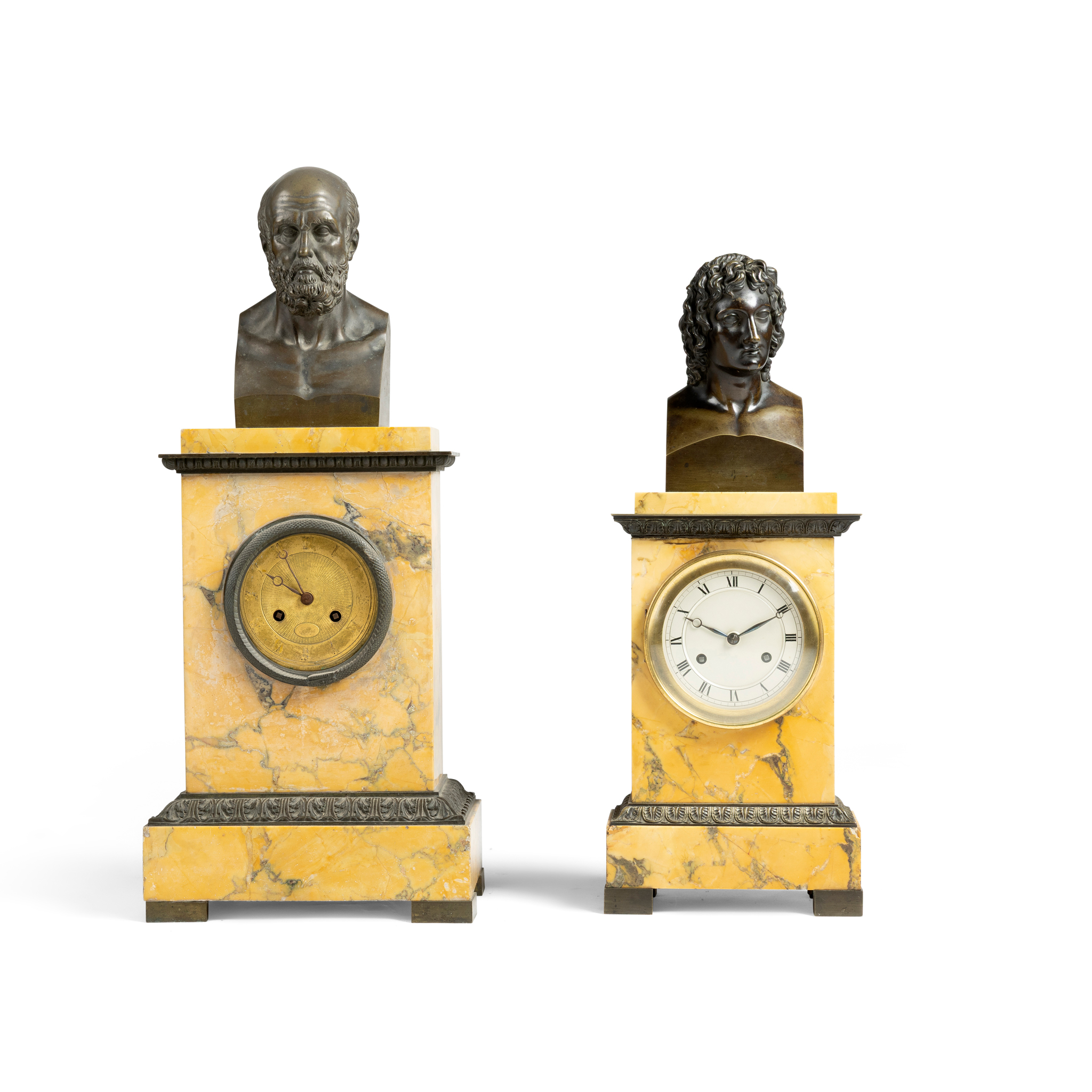 TWO FRENCH BRONZE AND SIENNA MARBLE MANTEL CLOCK