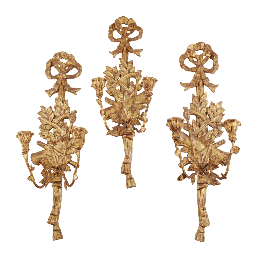 SET OF THREE GILTWOOD AND GILT METAL APPLIQUES
