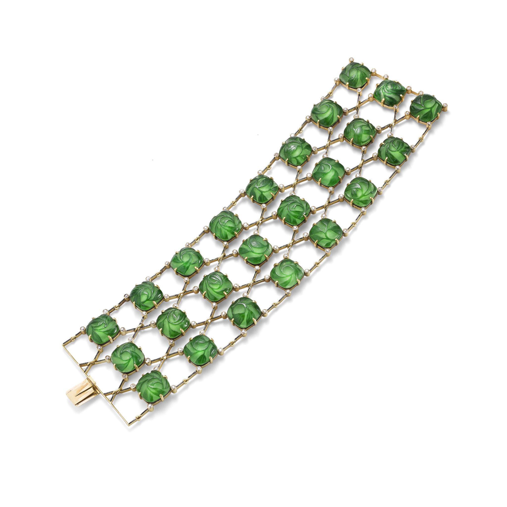 A glass, enamel and diamond bracelet, brooch and earring suite, by Lalique, circa 1905-10