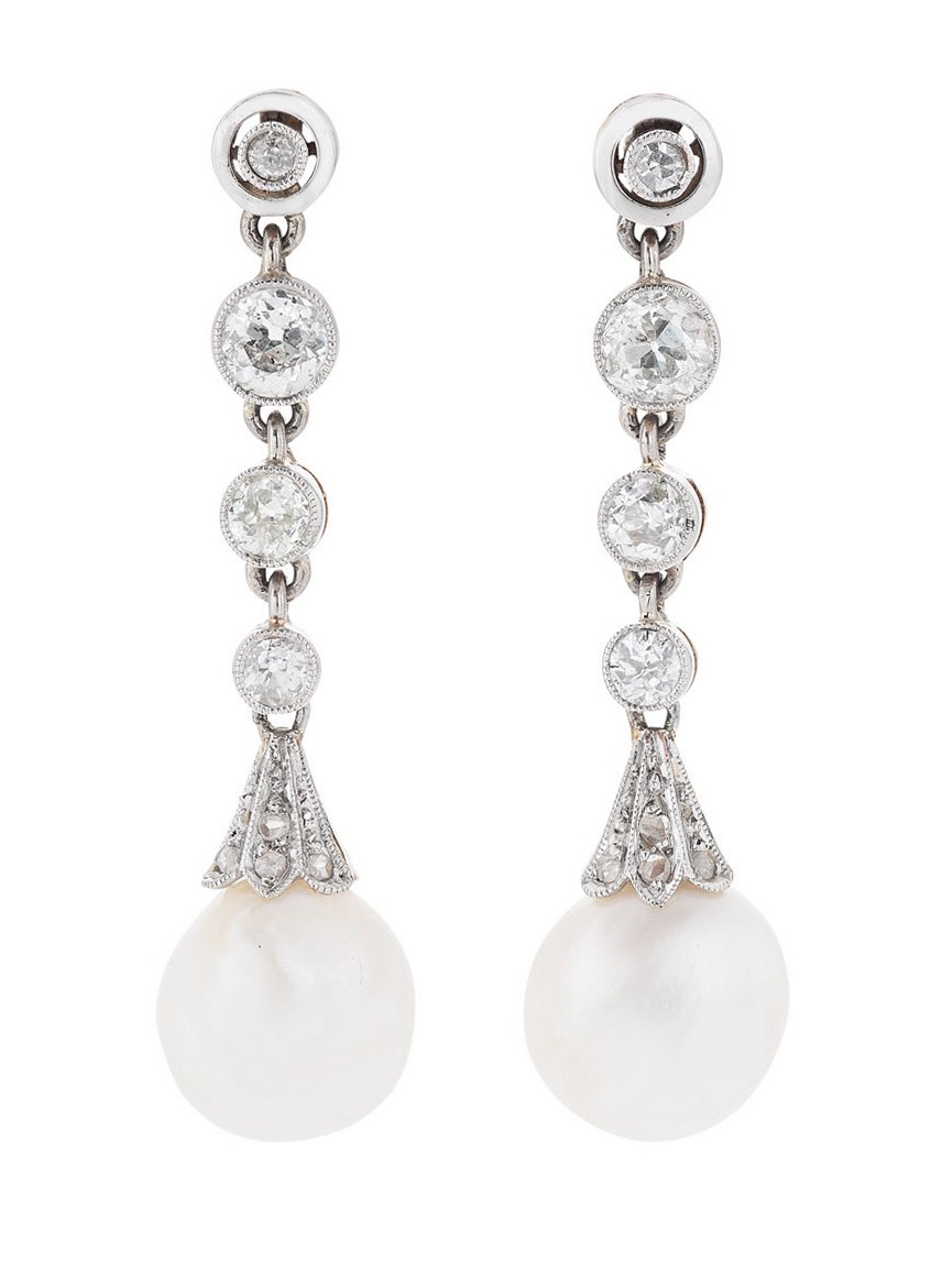 A pair of natural pearl and diamond pendant earrings