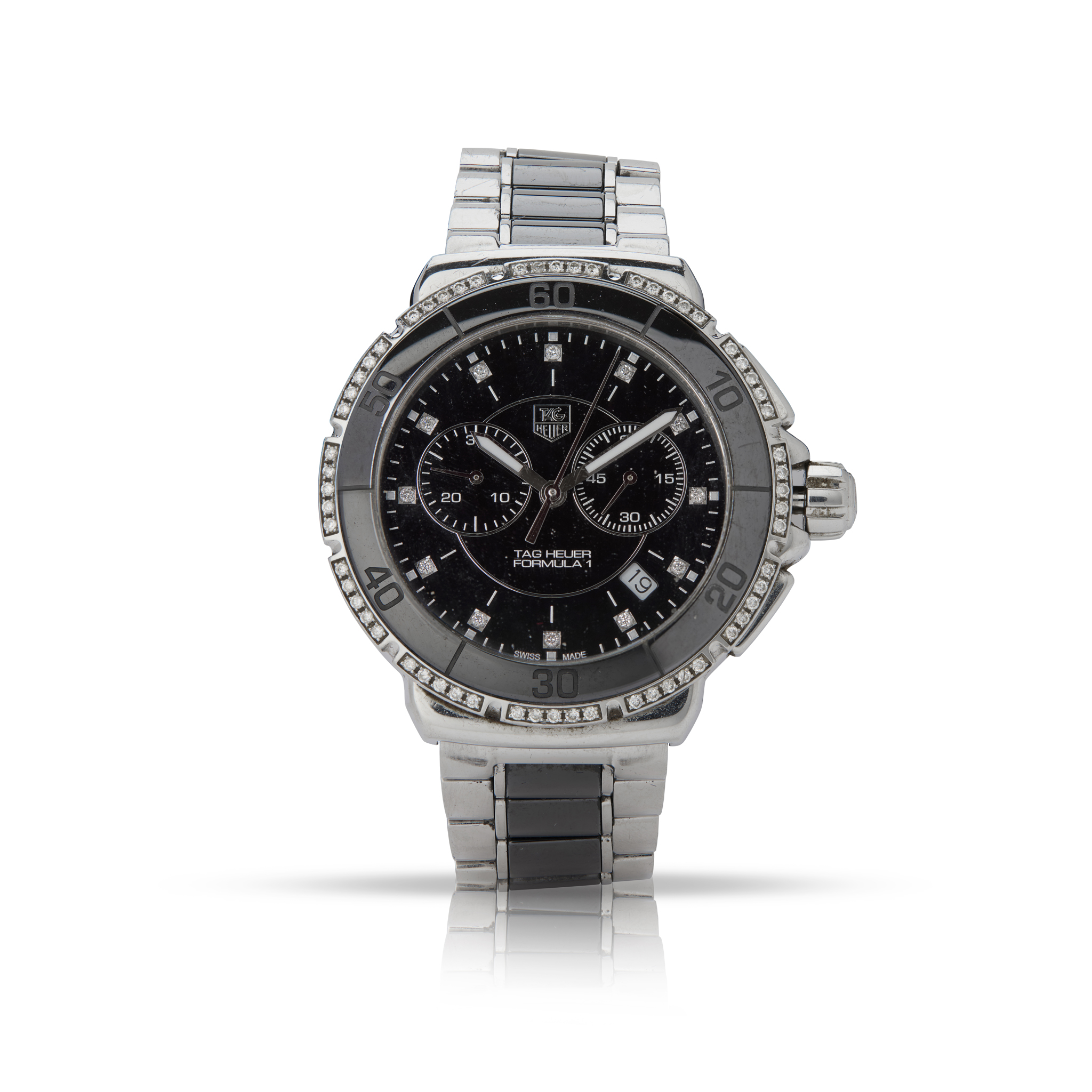 Tag Heuer. A stainless steel, ceramic and diamond-set quartz chronograph wristwatch