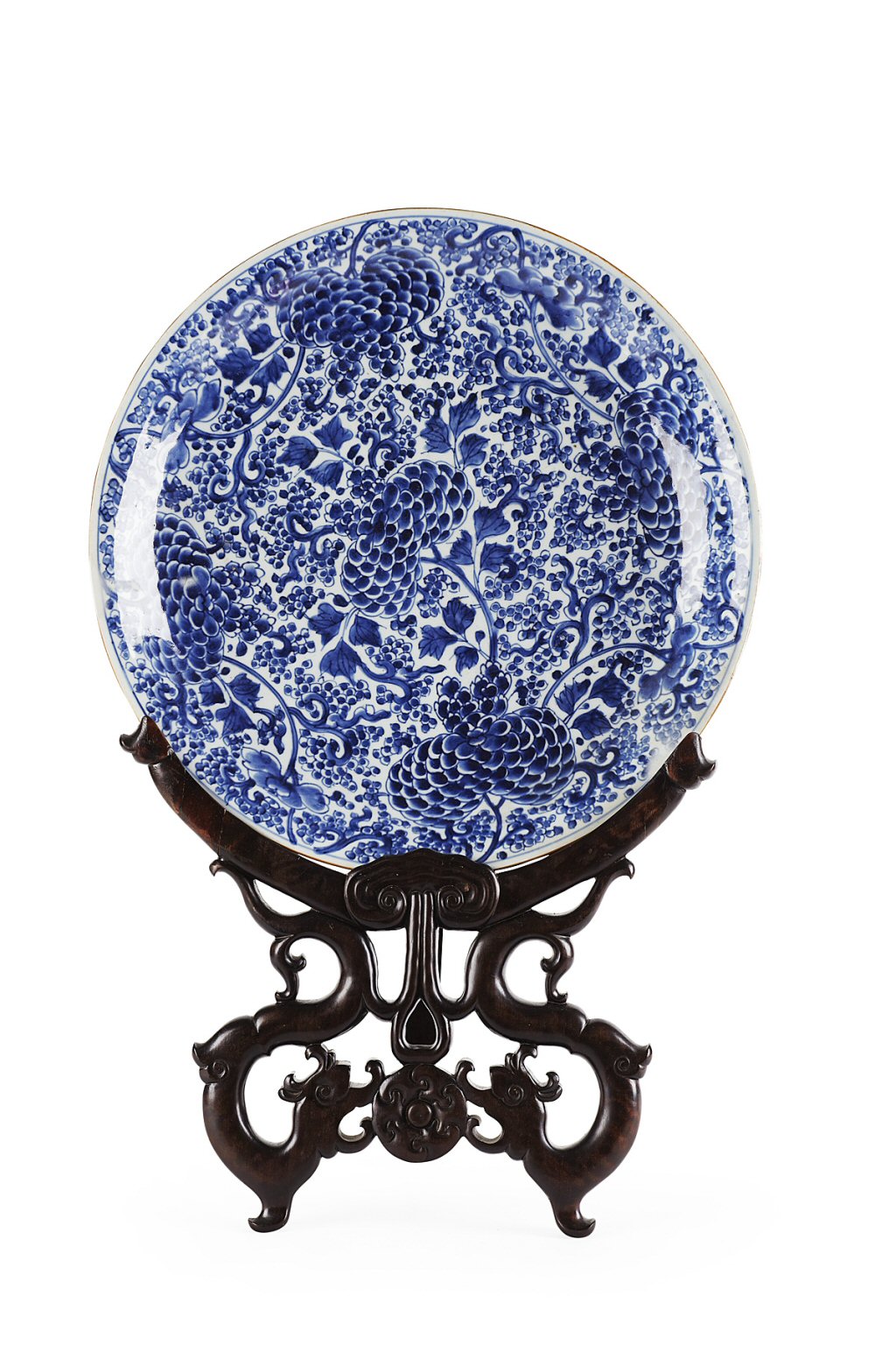 CHINESE BLUE AND WHITE DISH AND HARDWOOD STAND