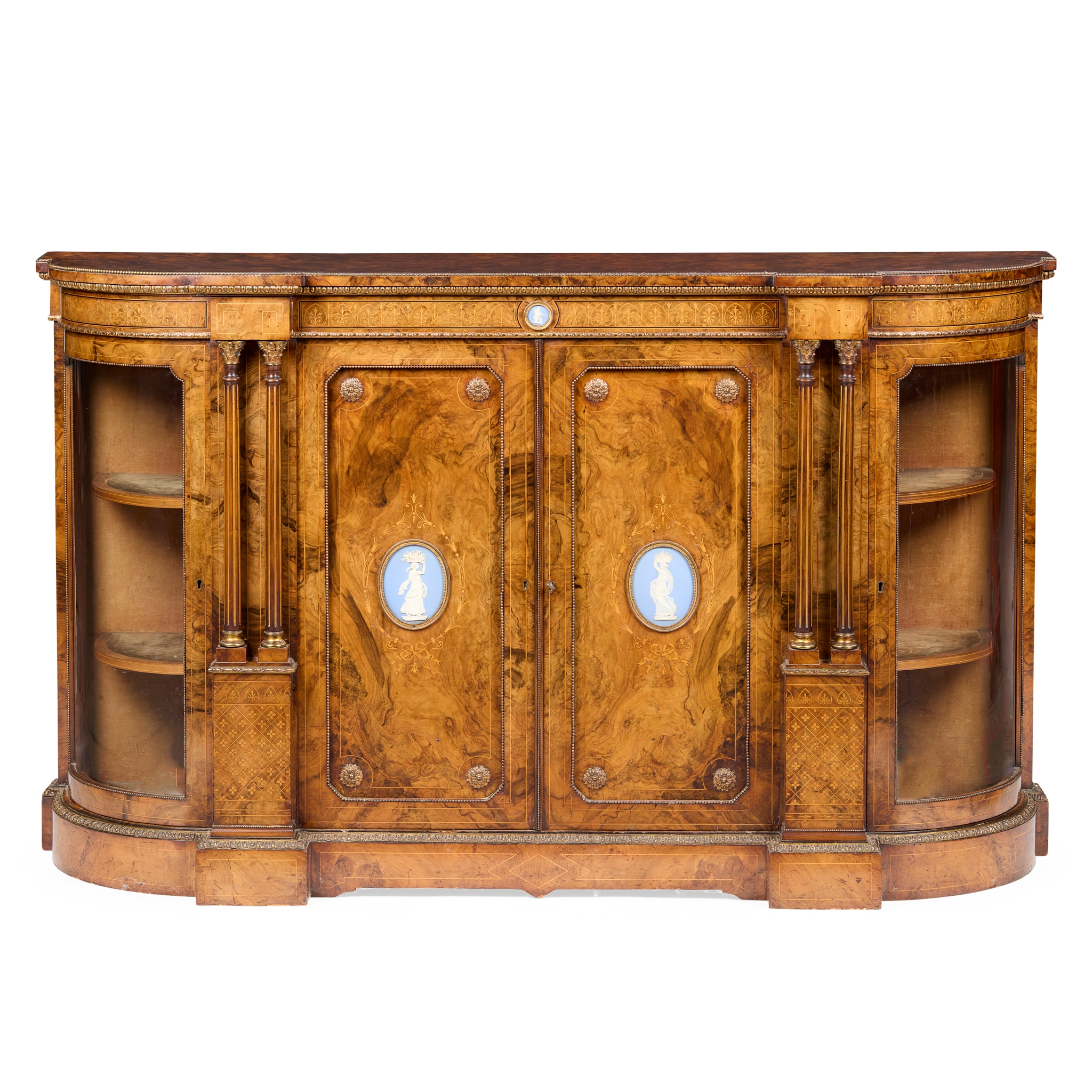 VICTORIAN WALNUT, PARQUETRY AND JAPERWARE MOUNTED CREDENZA