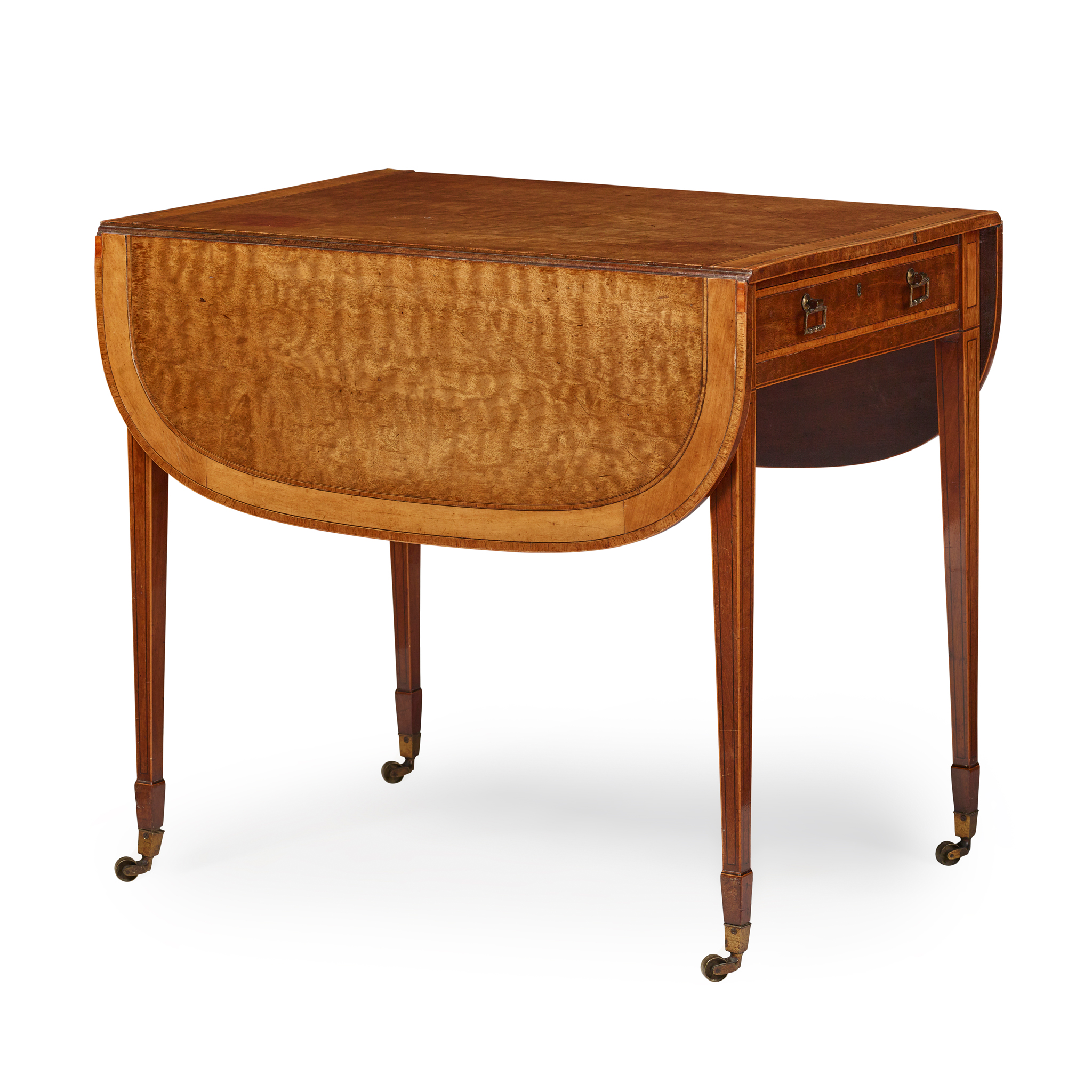 GEORGE III FIDDLEBACK MAHOGANY AND SATINWOOD PEMBROKE TABLE, ATTRIBUTED TO GILLOWS