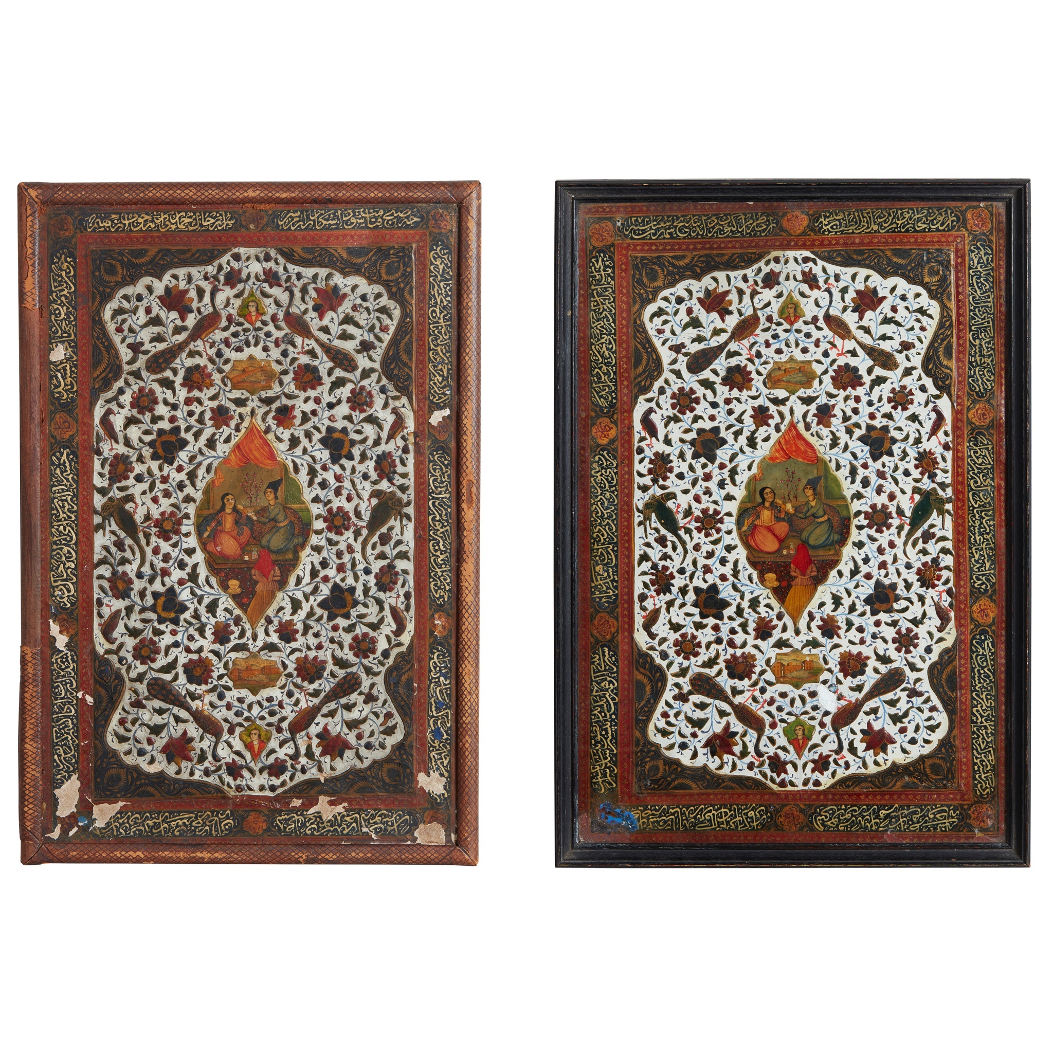 TWO QAJAR LACQUERED LEATHER PAPIER MACHE BOOK COVERS